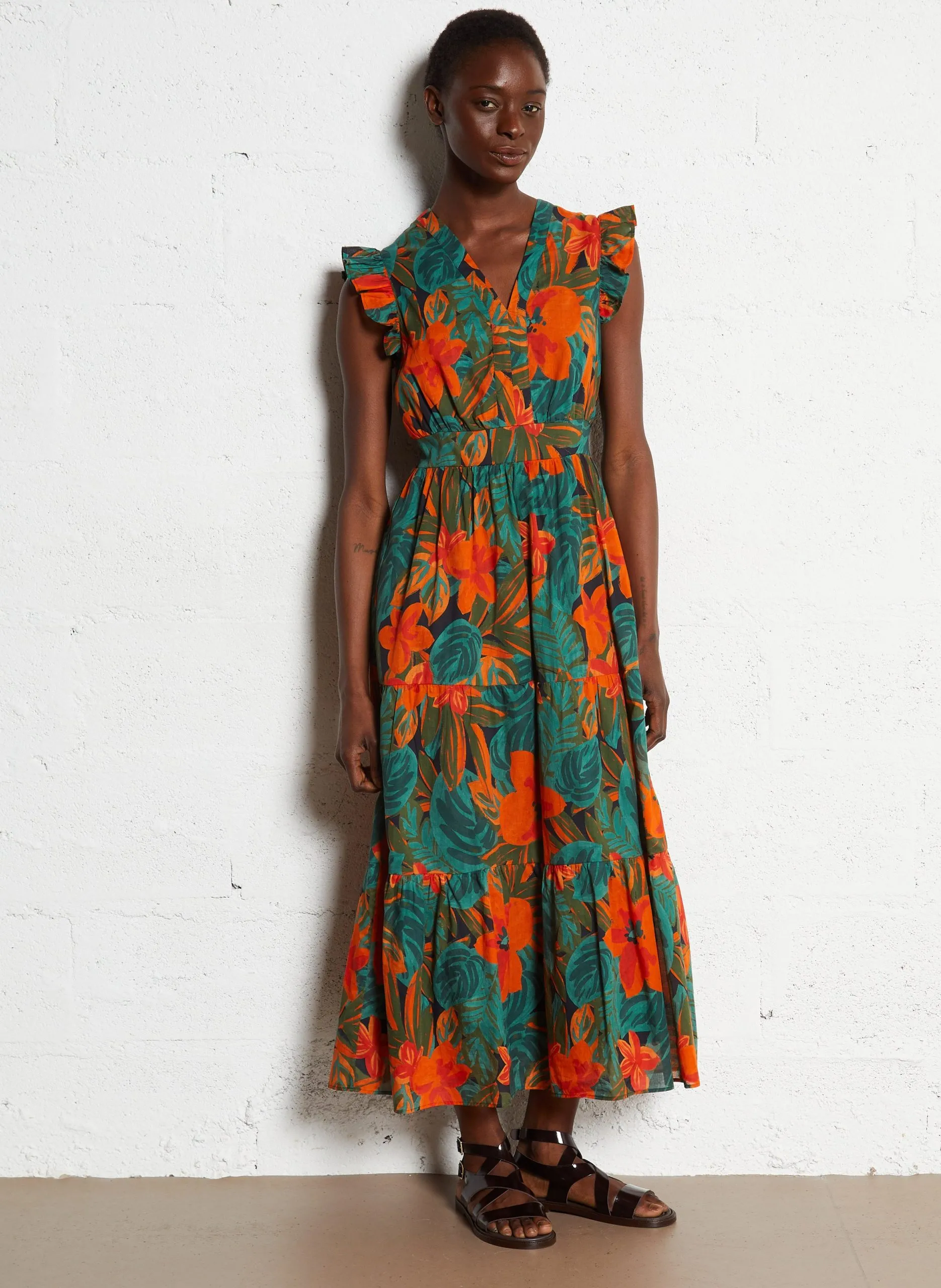 Ausgestelltes Maxikleid aus Baumwolle Grun RITOUNE