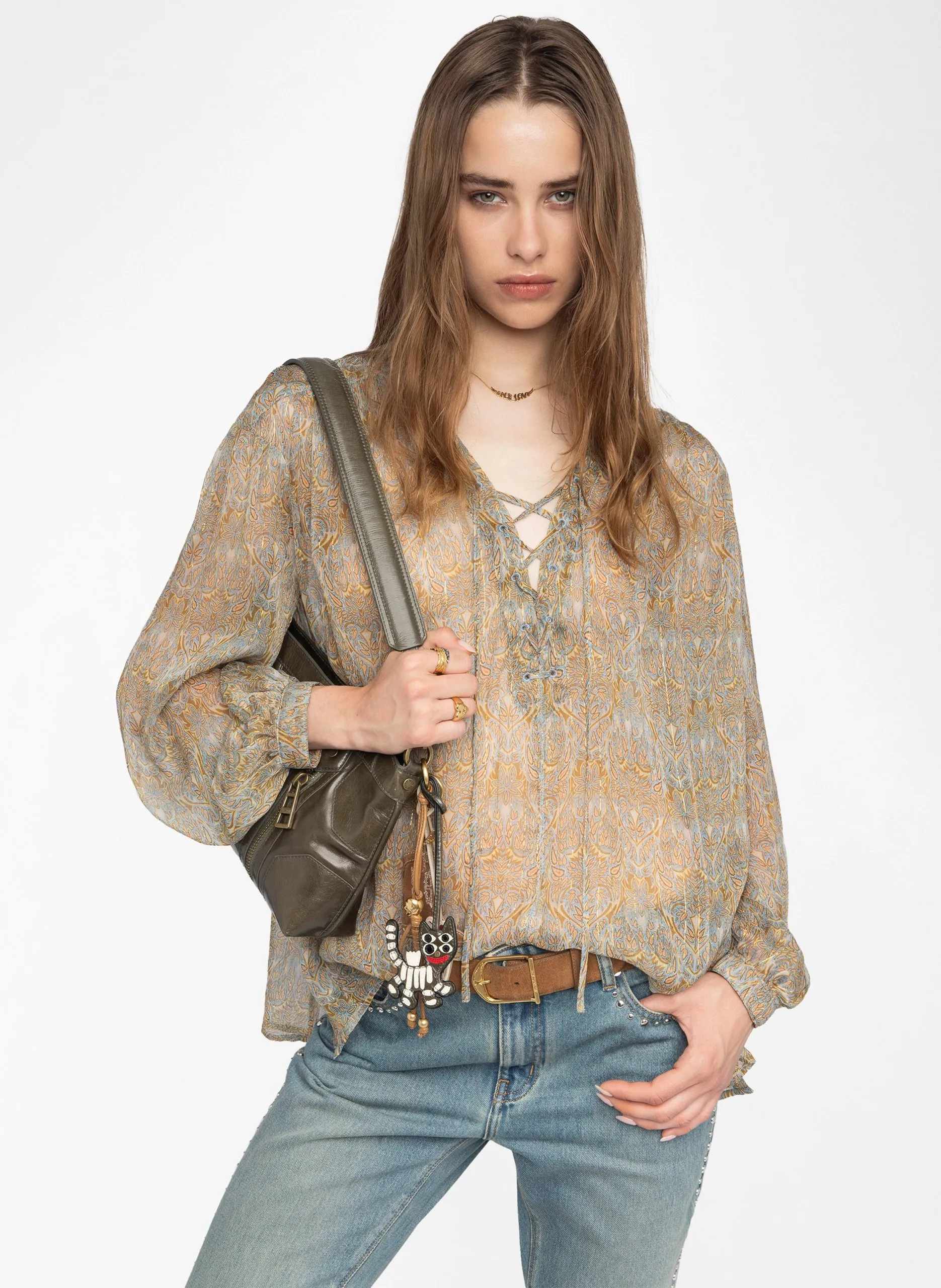 Bluse aus Baumwoll-Mix mit V-Ausschnitt Blau TAMELA