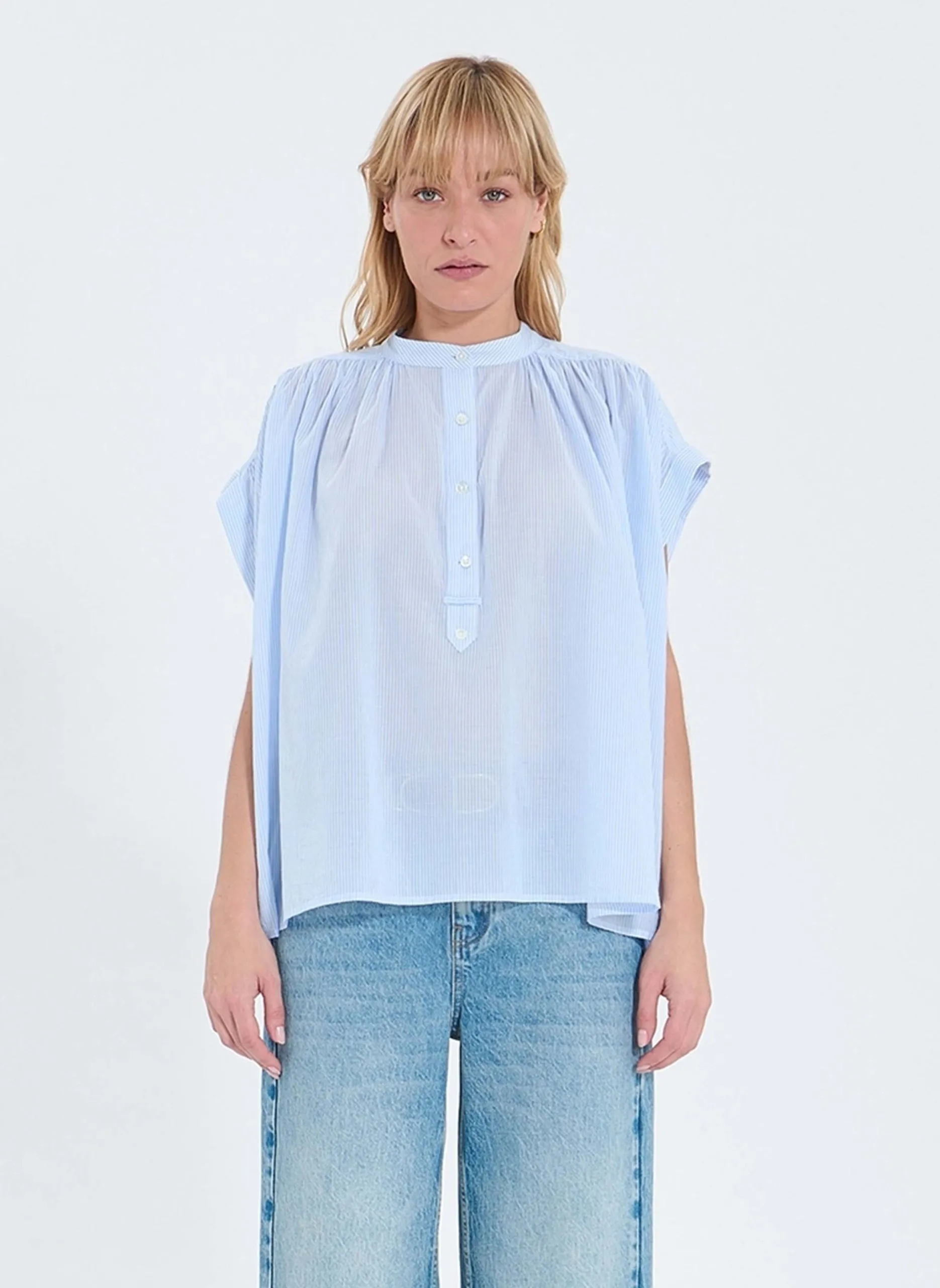 Weite gestreifte Bluse mit kurzen Ärmeln Weiss CATY