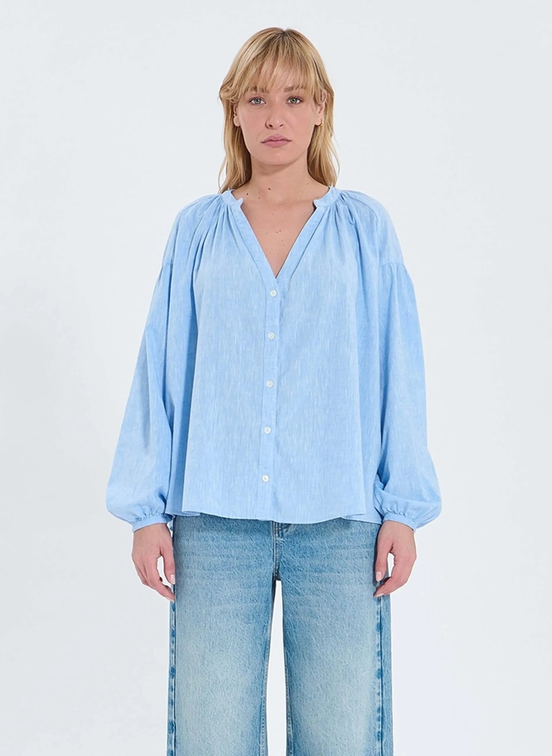 Weite Bluse mit Tunesien-Kragen uni Blau CORALIA