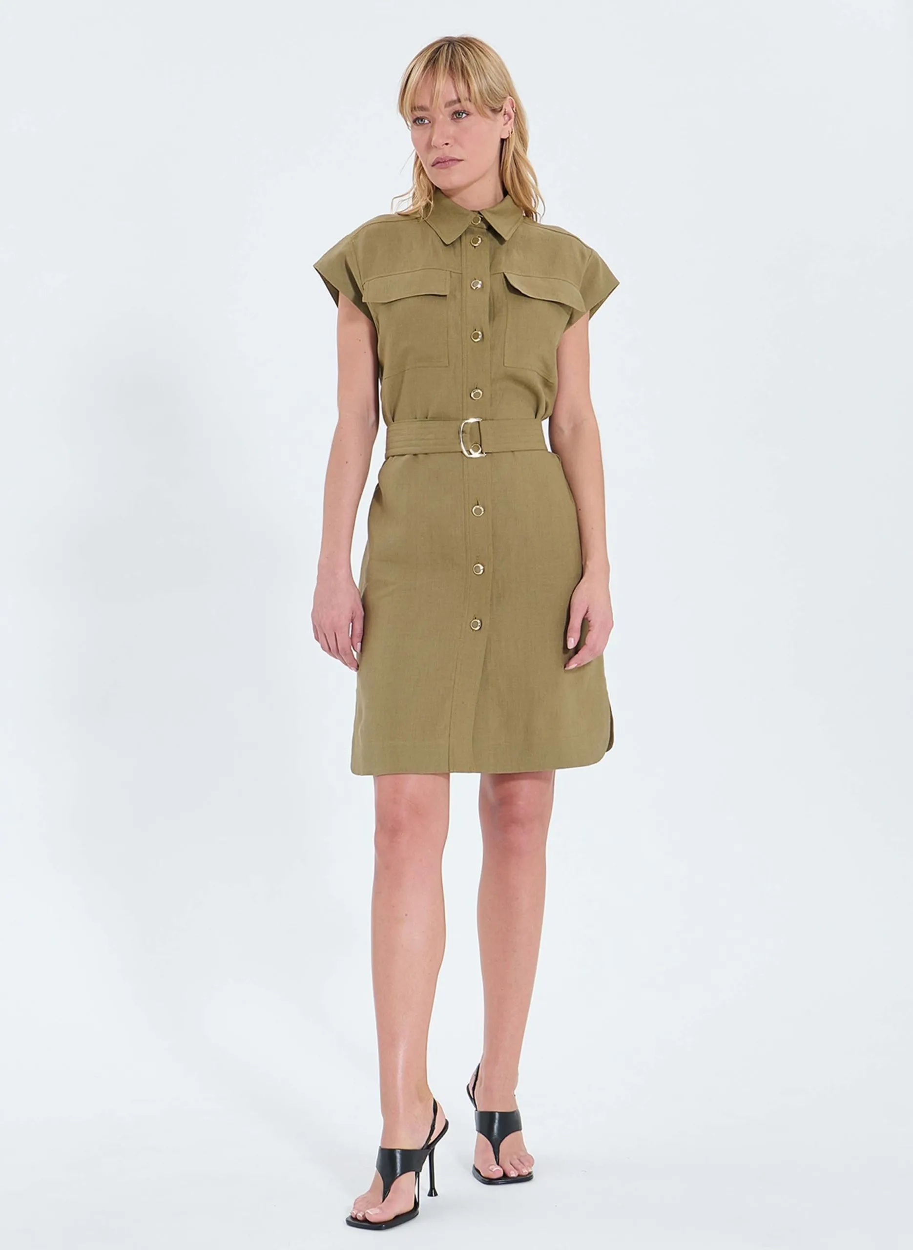 Kurzes Leinenhemdkleid mit Gürtel Khaki ROSEN