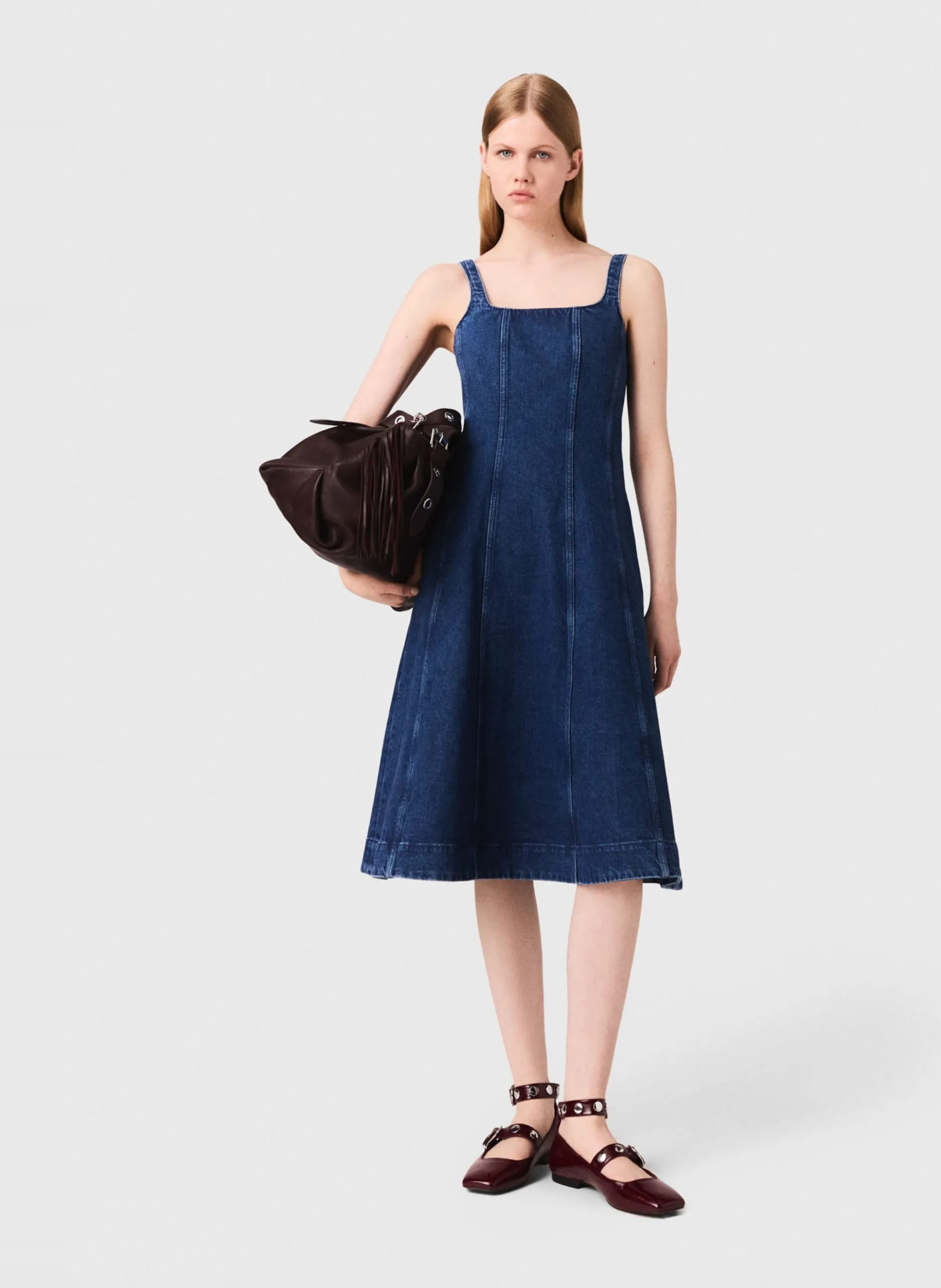 Midi-Kleid mit quadratischem Ausschnitt aus gemischter Baumwolldenim Blau