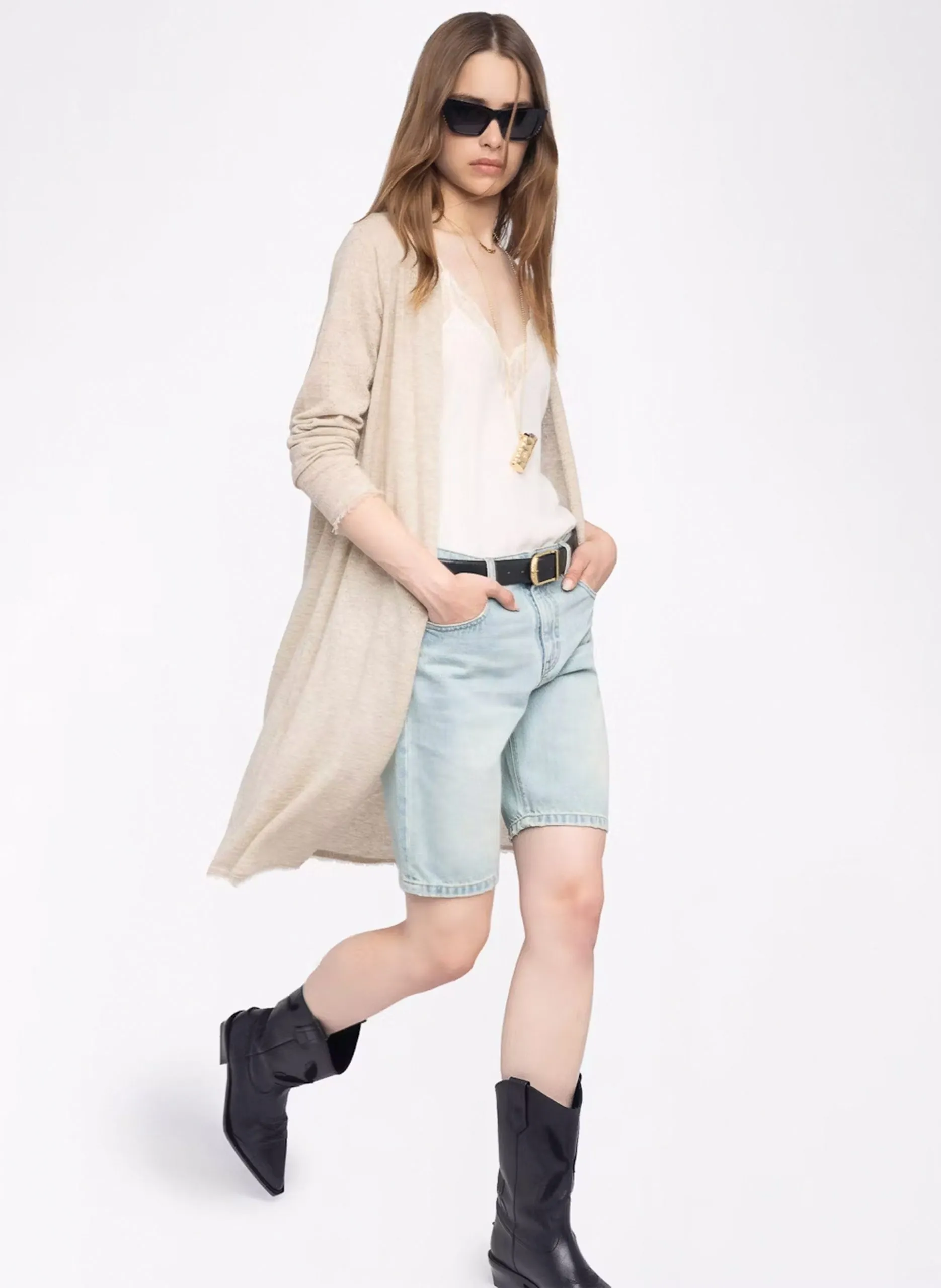 Langer Cardigan aus Kaschmir-Pointellestrick Beige DAFFYZ