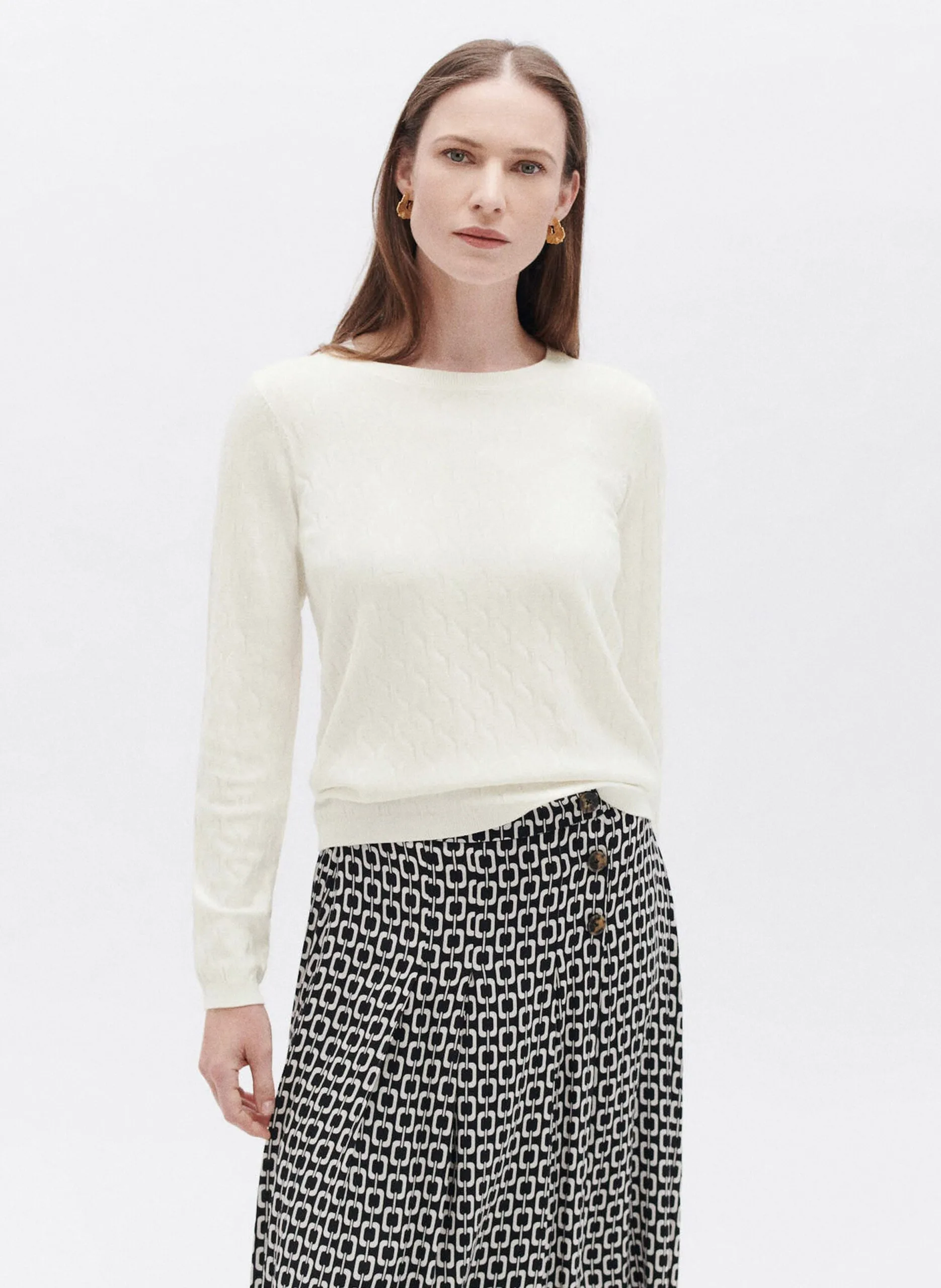 Zopfstrickpullover mit Rundhalsausschnitt Beige 232K-MANINA