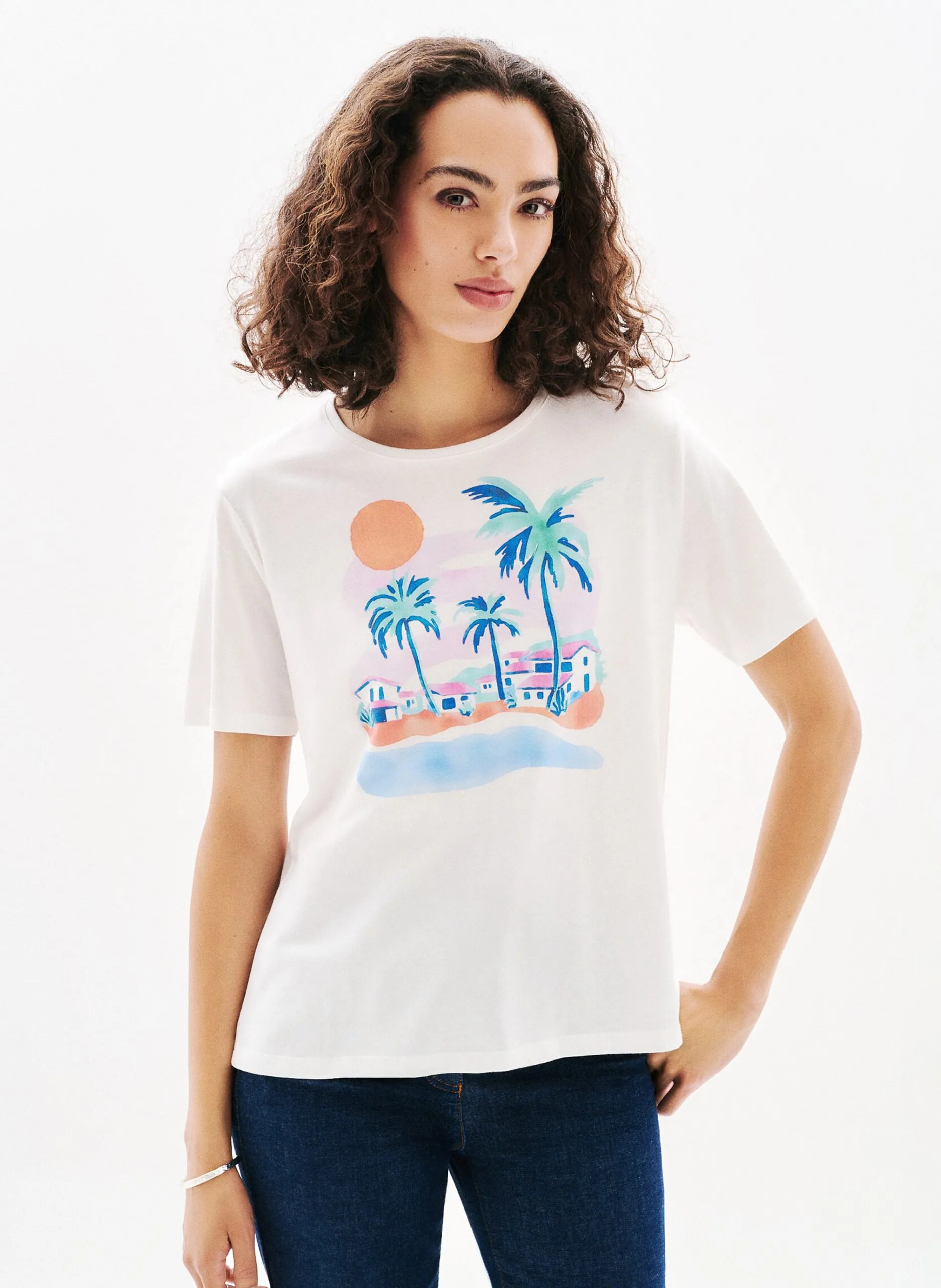 Rundhals-T-Shirt mit Print Beige 252T-TIM-TRANSAT