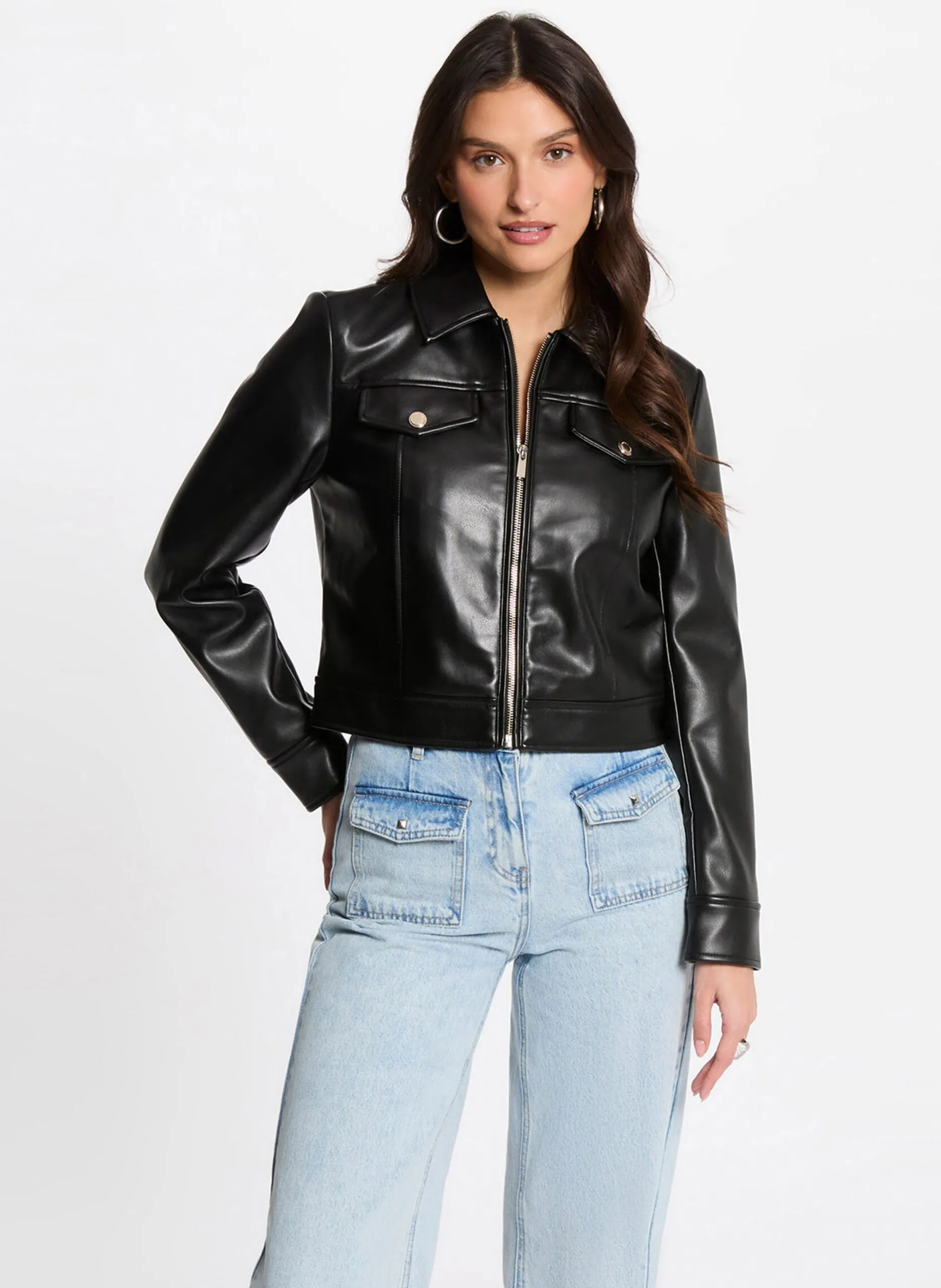 Kurzer Blouson mit klassischem Kragen Schwarz 252-GNOLA