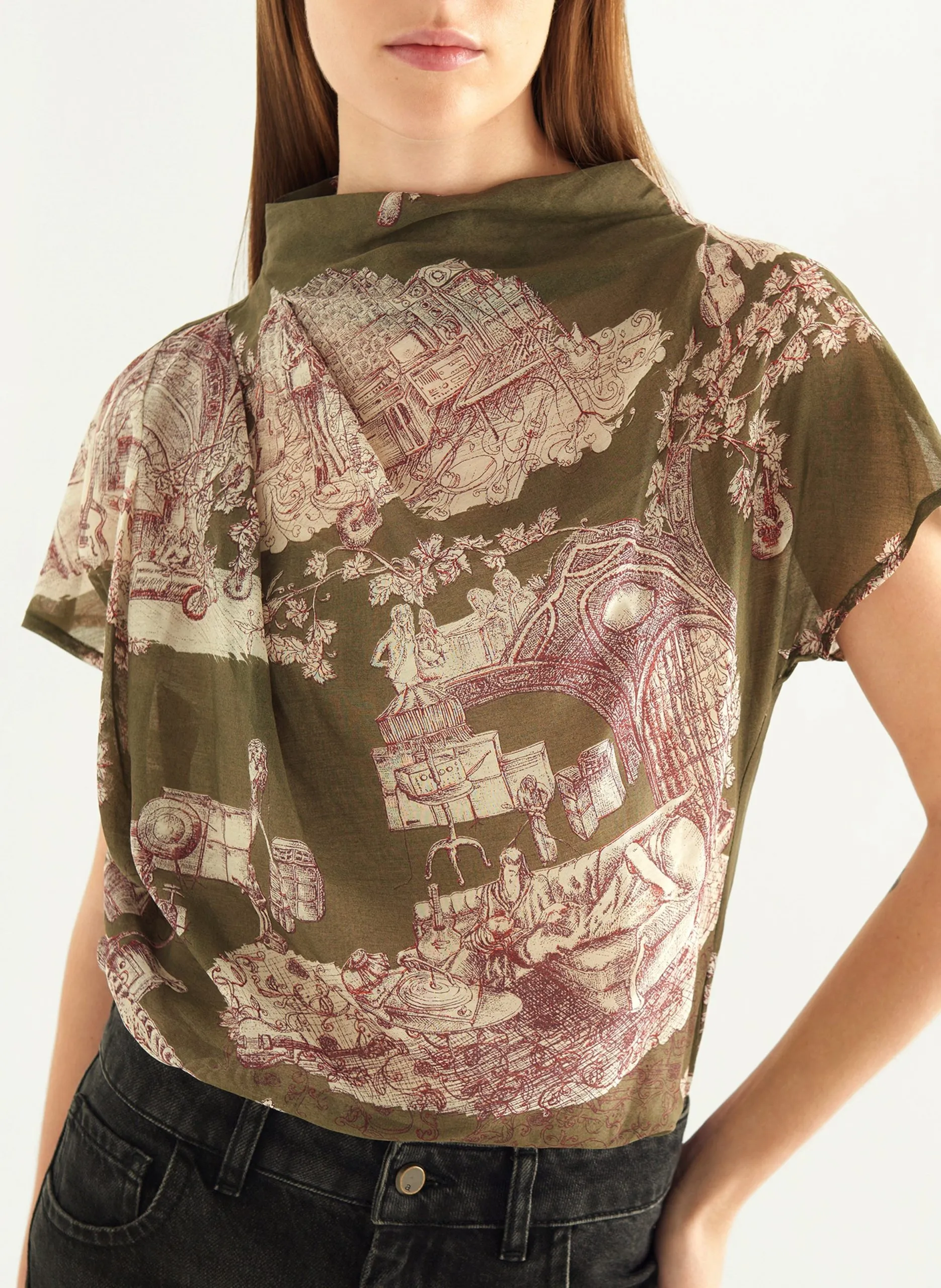 Oberteil mit Stehkragen aus Baumwolle und Seidenmischung Grun