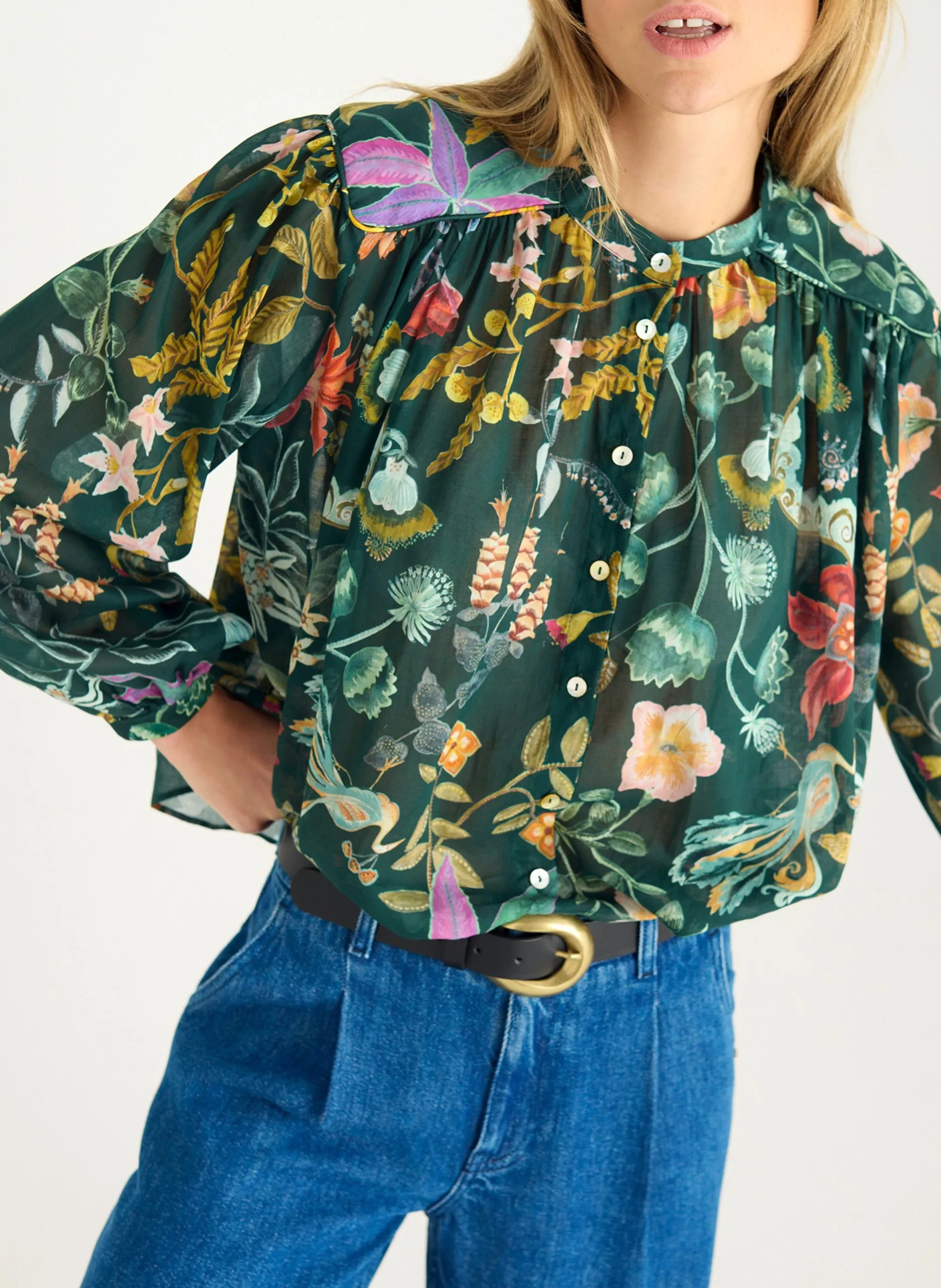 Weite, bedruckte Bluse mit Rundhalsausschnitt Grun