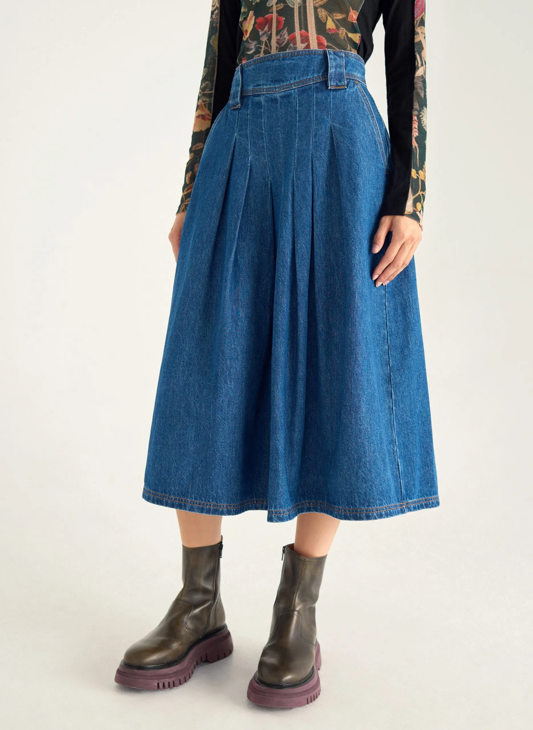 Hohe Taille ausgestellter Jeansrock Blau