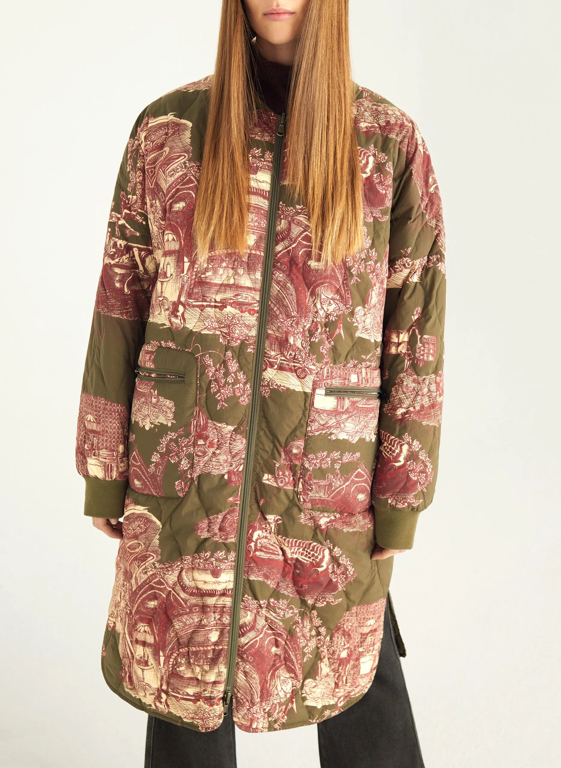 Mantel mit umkehrbarem Teddykragen und Print Grun