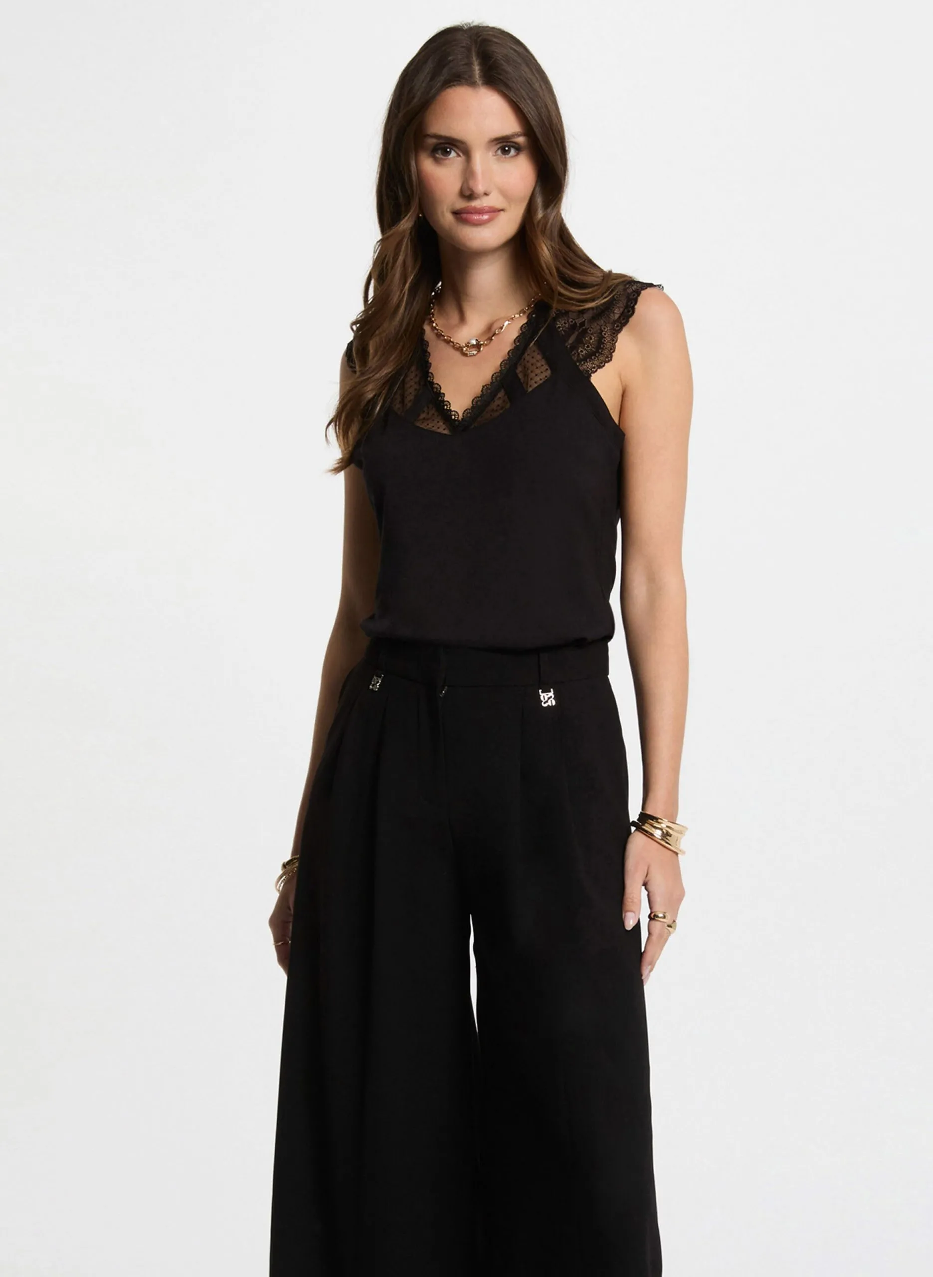 Ärmelloses Oberteil mit geradem Schnitt und Spitze Schwarz 252-DEMYL