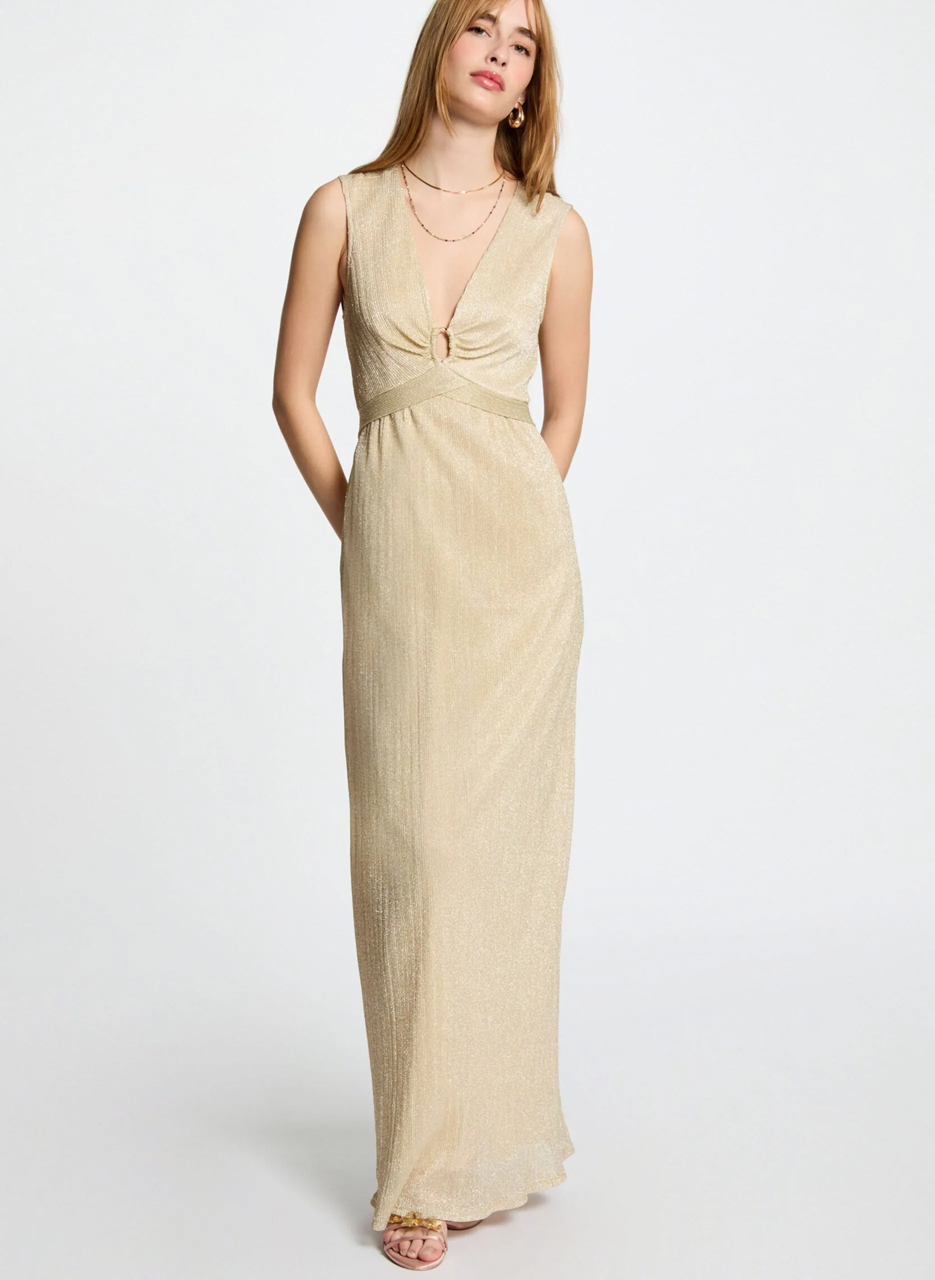 Langärmliges langes V-Ausschnitt-Kleid mit Pailletten Golden 251-RCANNES