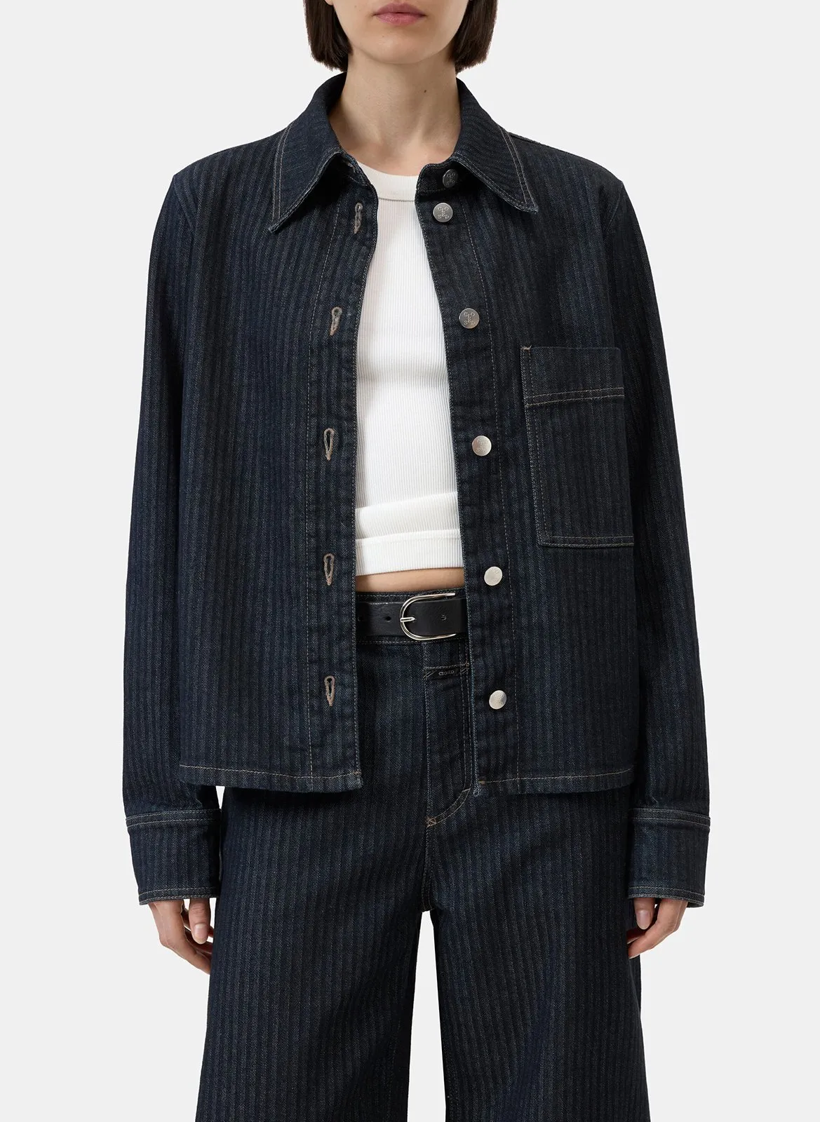 Gerade geschnittene Jacke aus gestreifter Baumwollmischung Blau