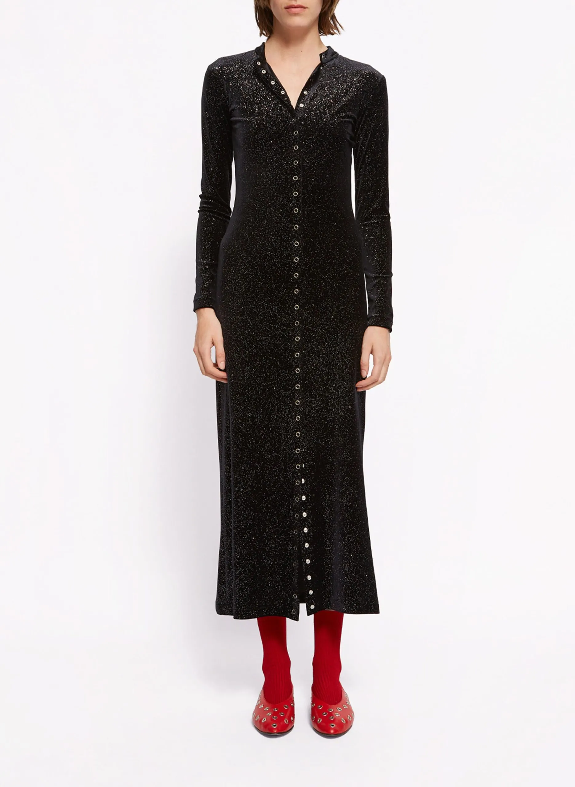 Langärmliges Rundhals-Paillettenkleid Schwarz TIM