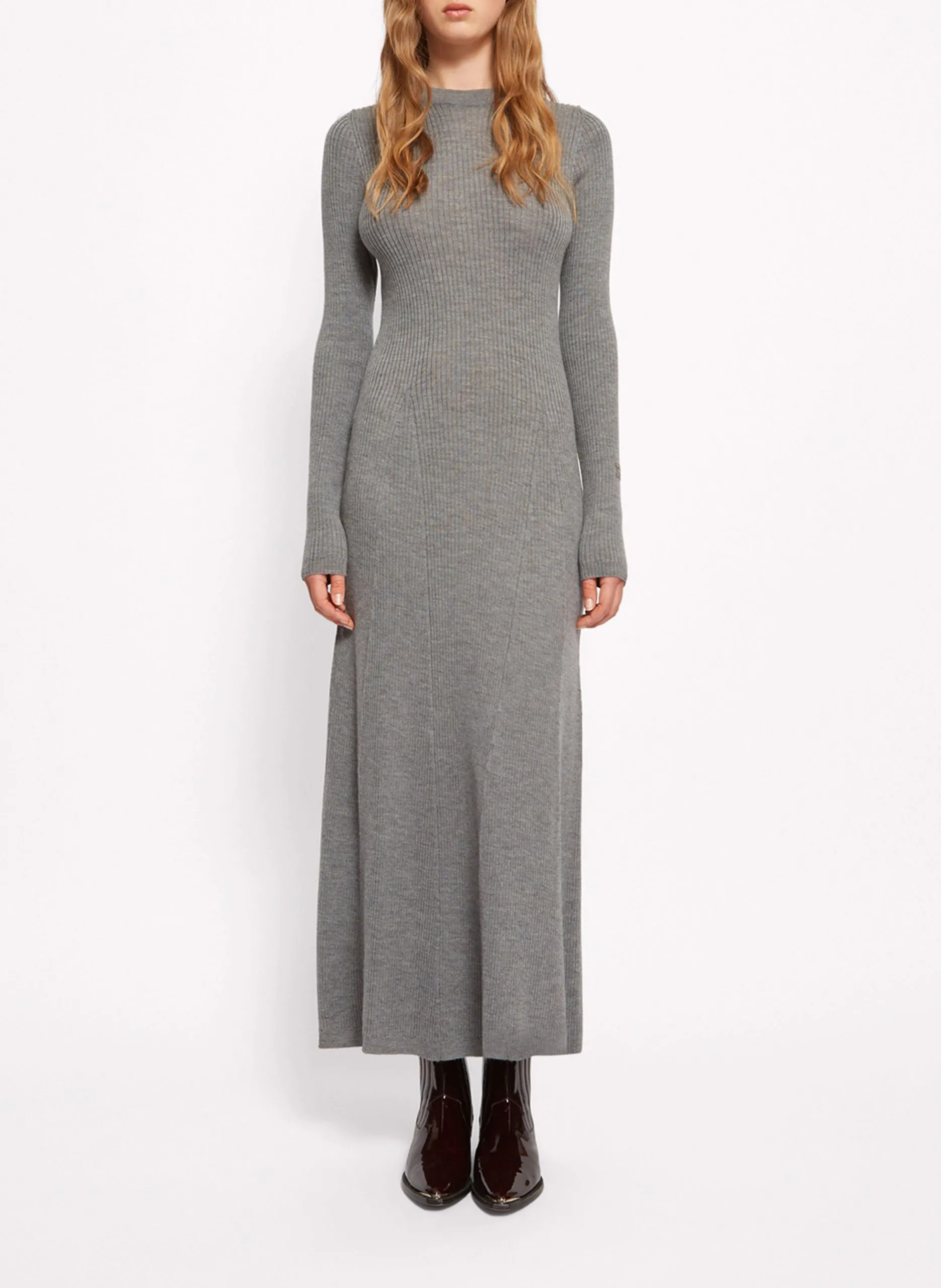 Lange Merinowolle Rundhalsausschnitt Kleid Grau MICKIE