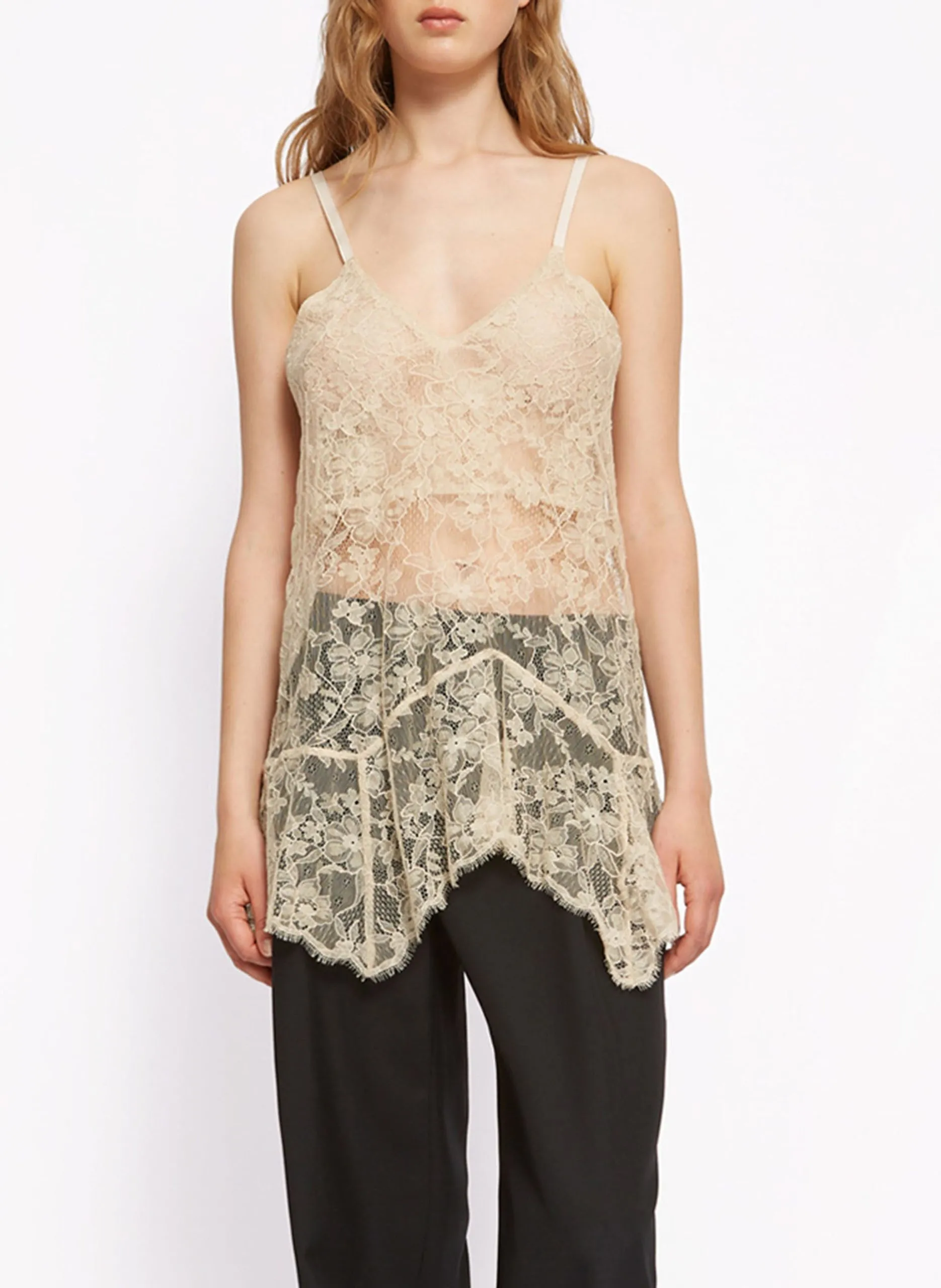 Oberteil mit V-Ausschnitt, Spitze Beige LATTE