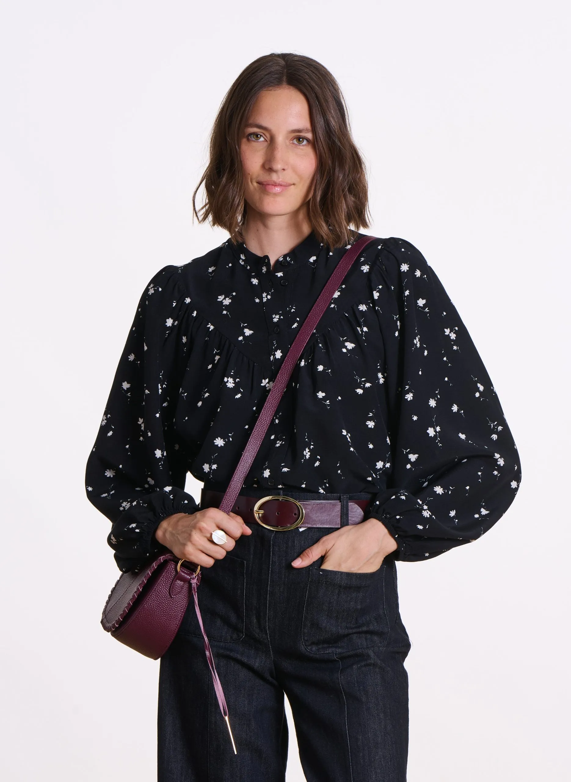 Bedruckte Oversize-Bluse mit 3/4-Ärmeln Schwarz