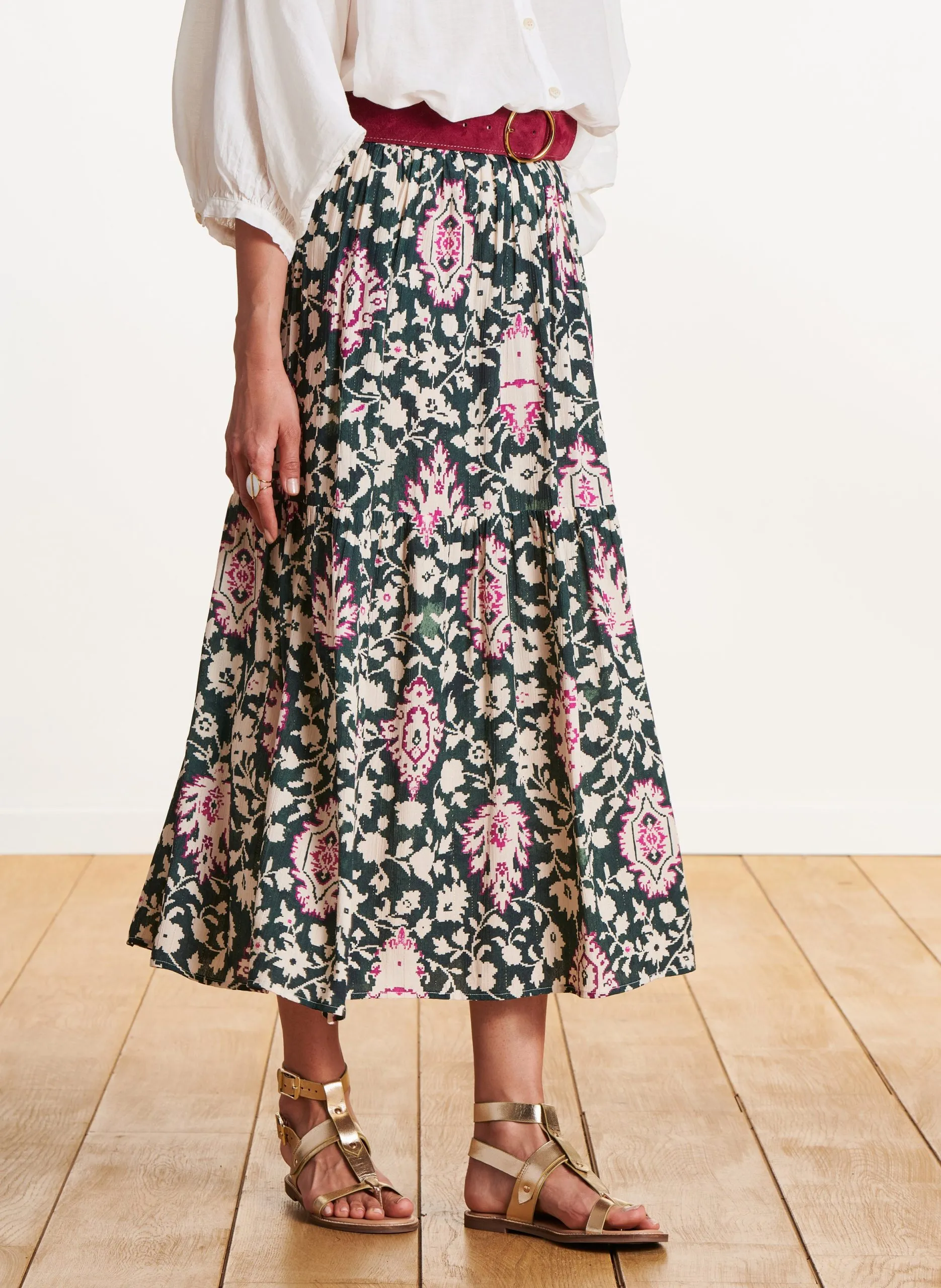 Langer, ausgestellter Rock mit Print Grun