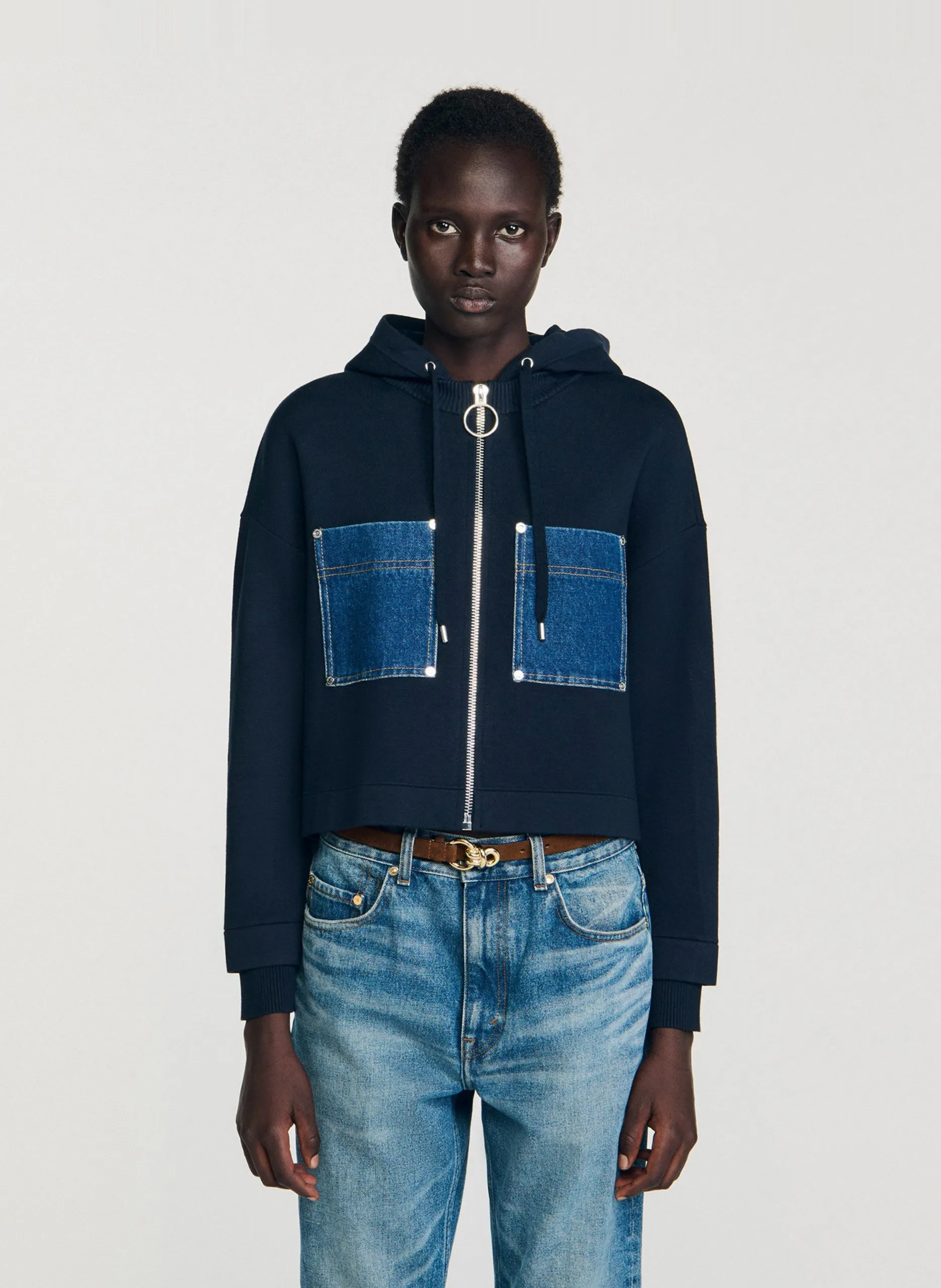 Einfarbiger Kapuzensweater mit Reißverschluss Blau