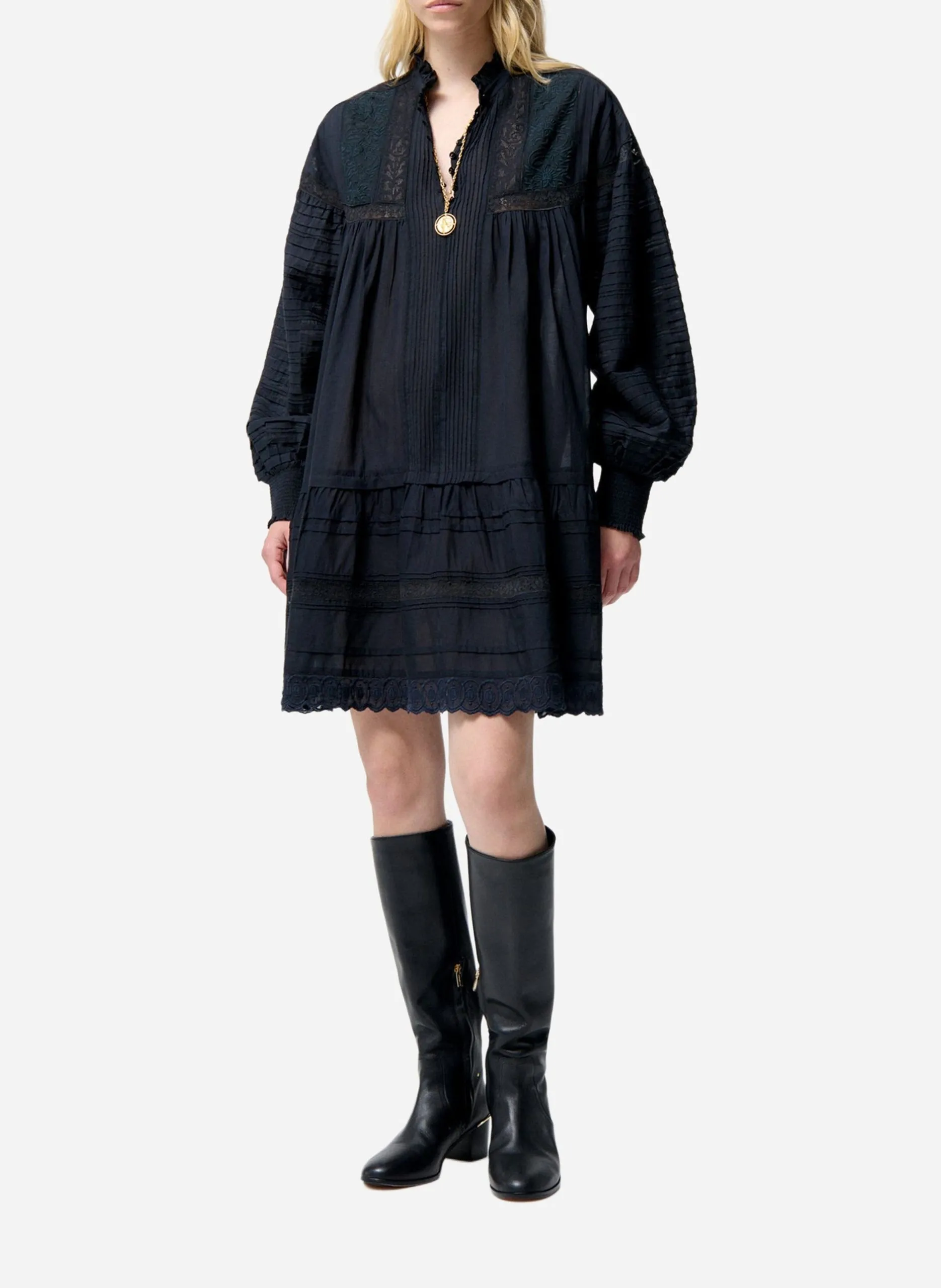 Kurzes A-Linien-Kleid aus bestickter Baumwollmischung Schwarz DIANE