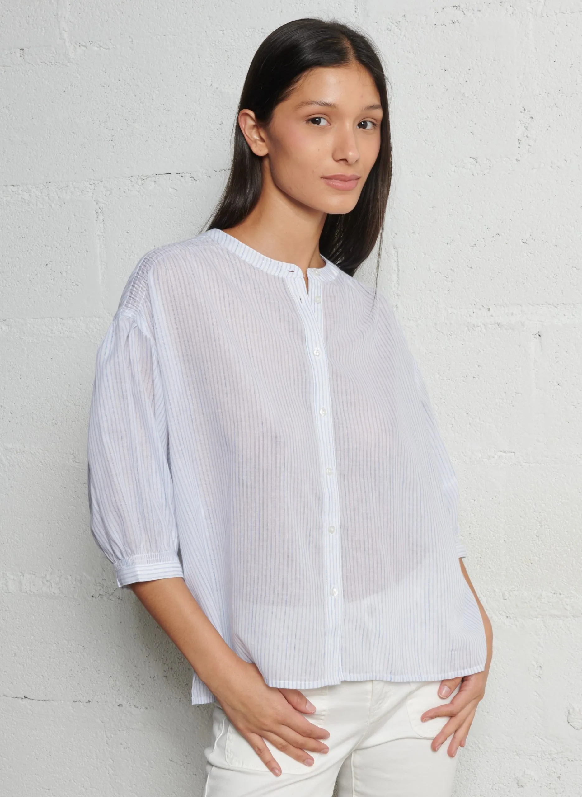 Baumwollbluse mit Rundhalsausschnitt Blau BLISS