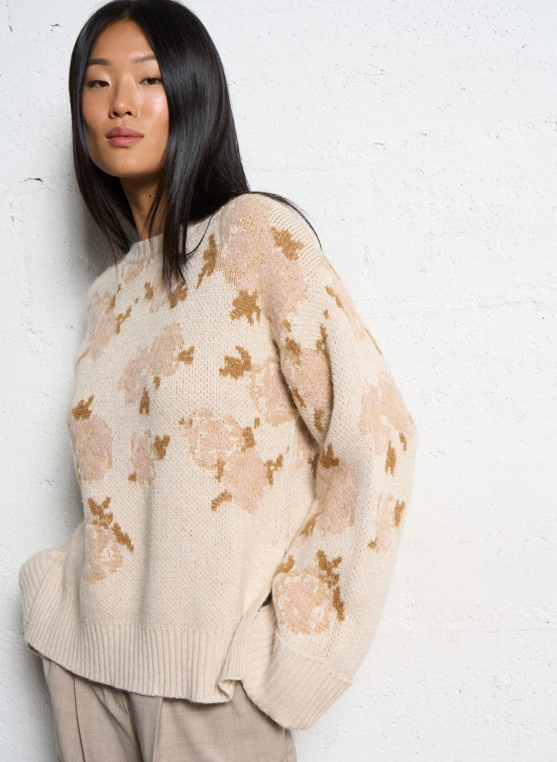 Weites bedrucktes Sweatshirt mit Rundhalsausschnitt Beige PRINCE