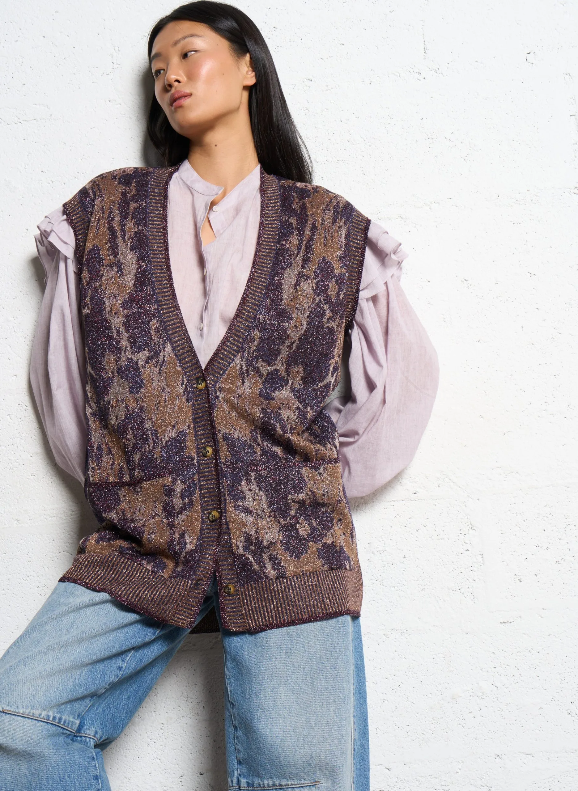 Ärmellose glitzernde Strickjacke mit Muster Violett MOVI