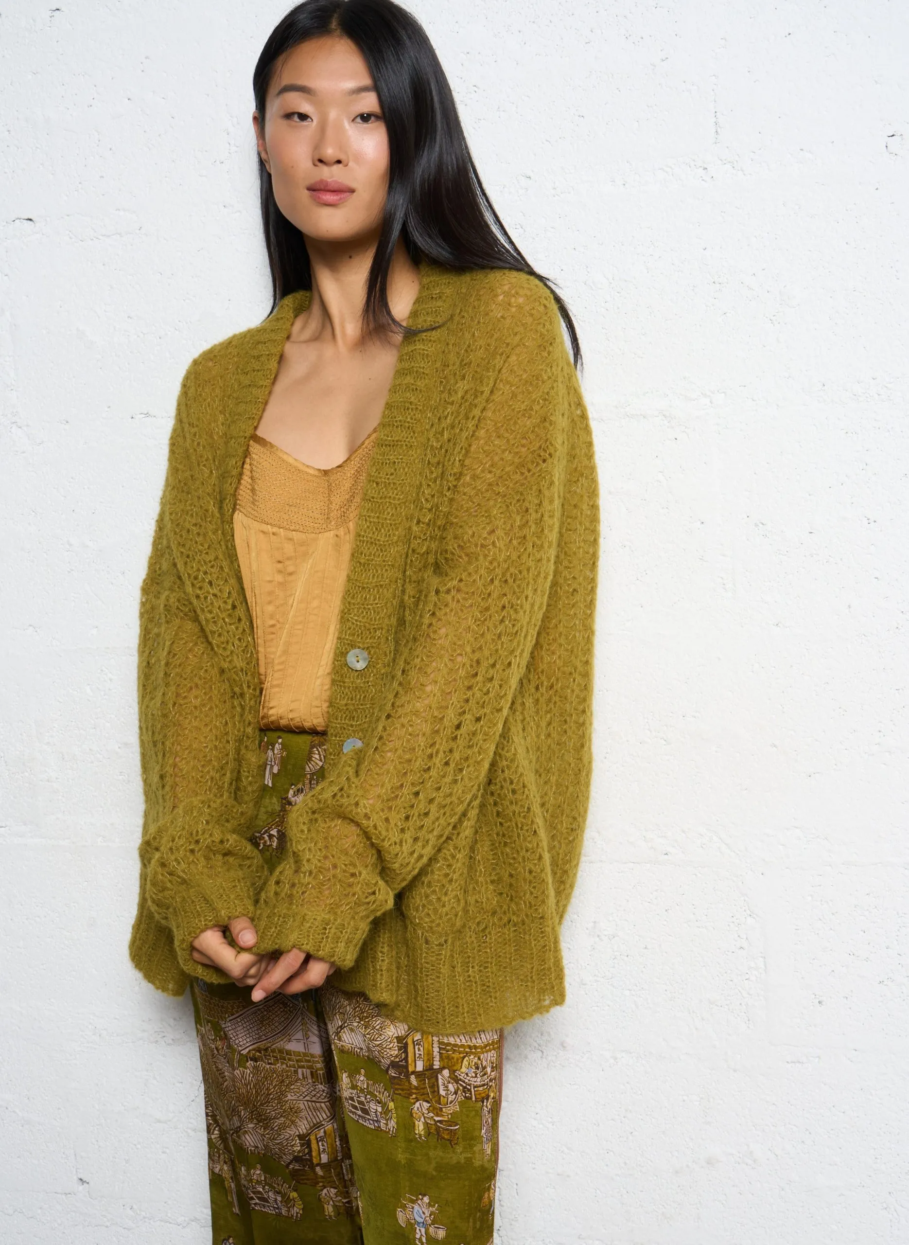 Weiter Wollmix-Cardigan mit V-Ausschnitt Khaki ARISSE