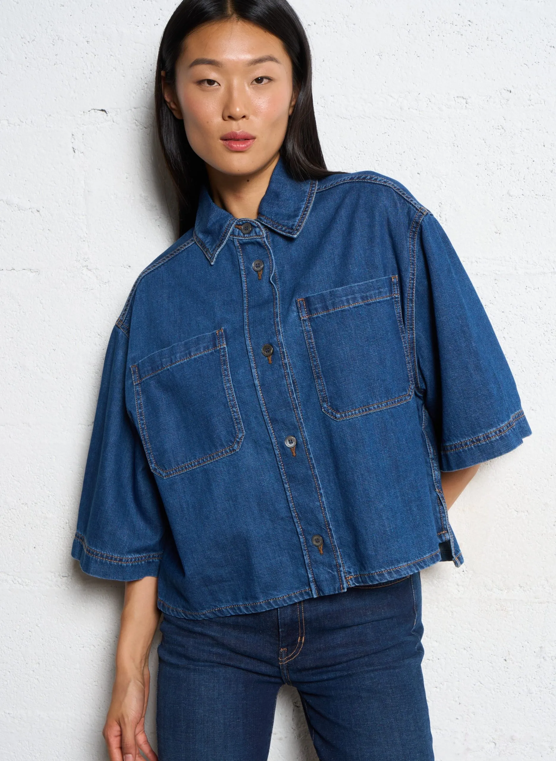 Baumwollbluse in Jeansoptik Blau ENZA