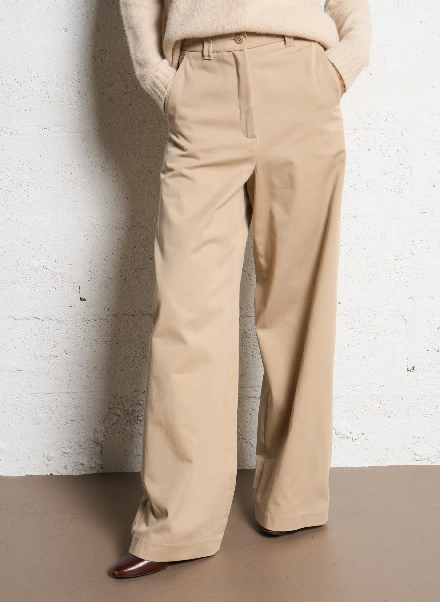 Weites High-Waist-Hose in einfarbigem Baumwollstoff Beige ALFEO