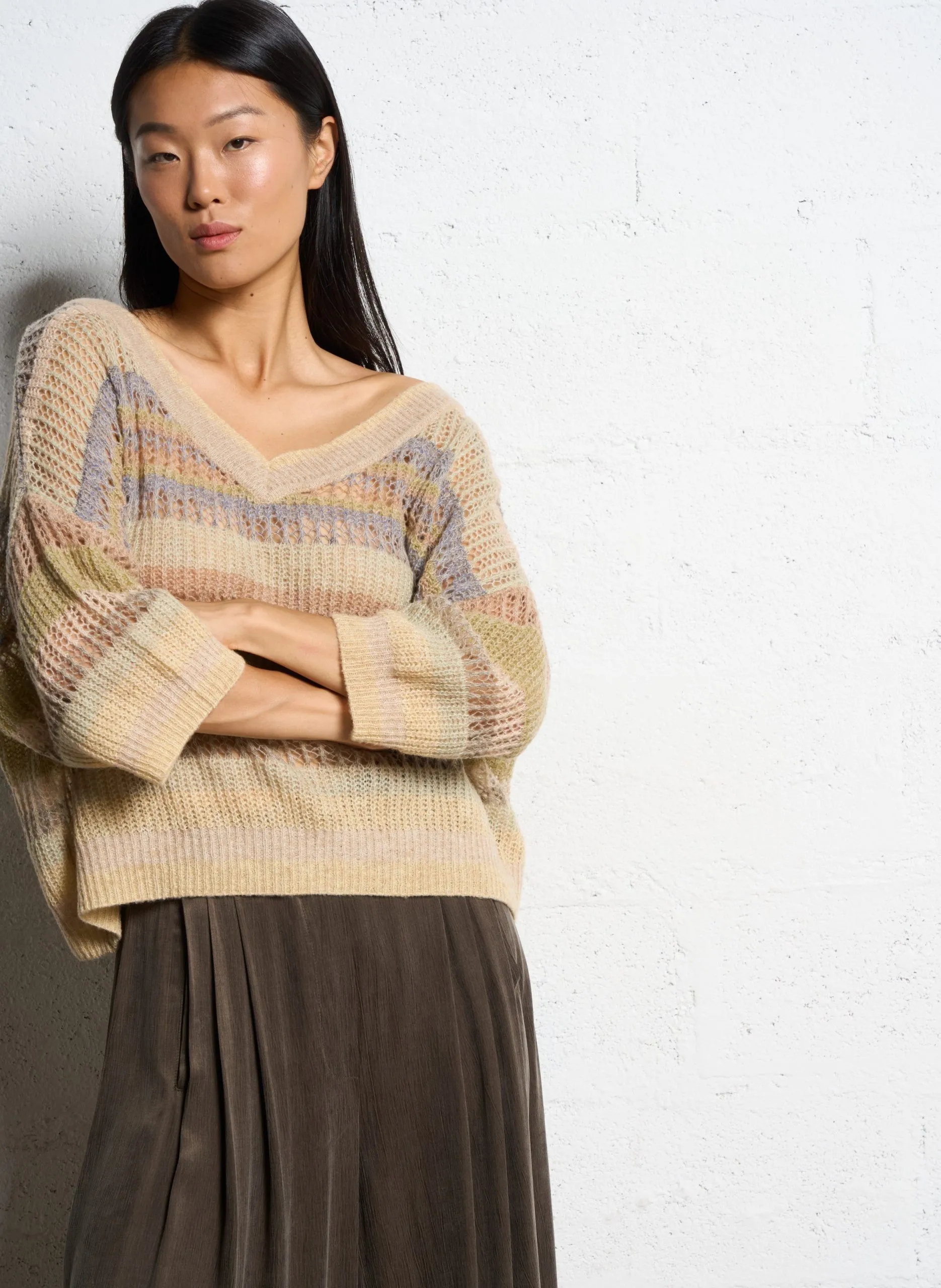 Gestreifter Oversized-Pullover aus Lochstrick Beige FAIKA