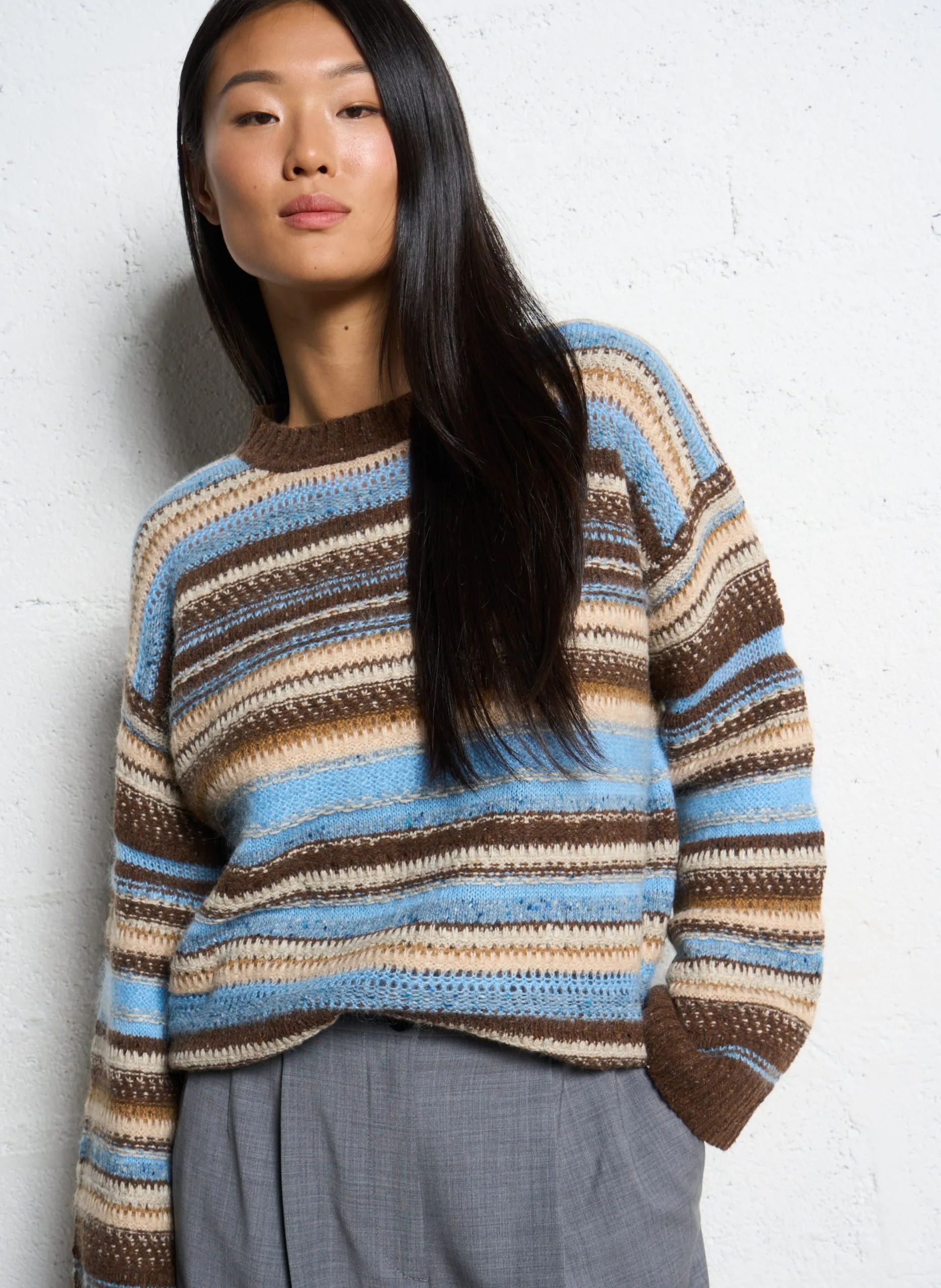 Großer Pullover aus gemischter Wolle mit Streifen Braun DAVID