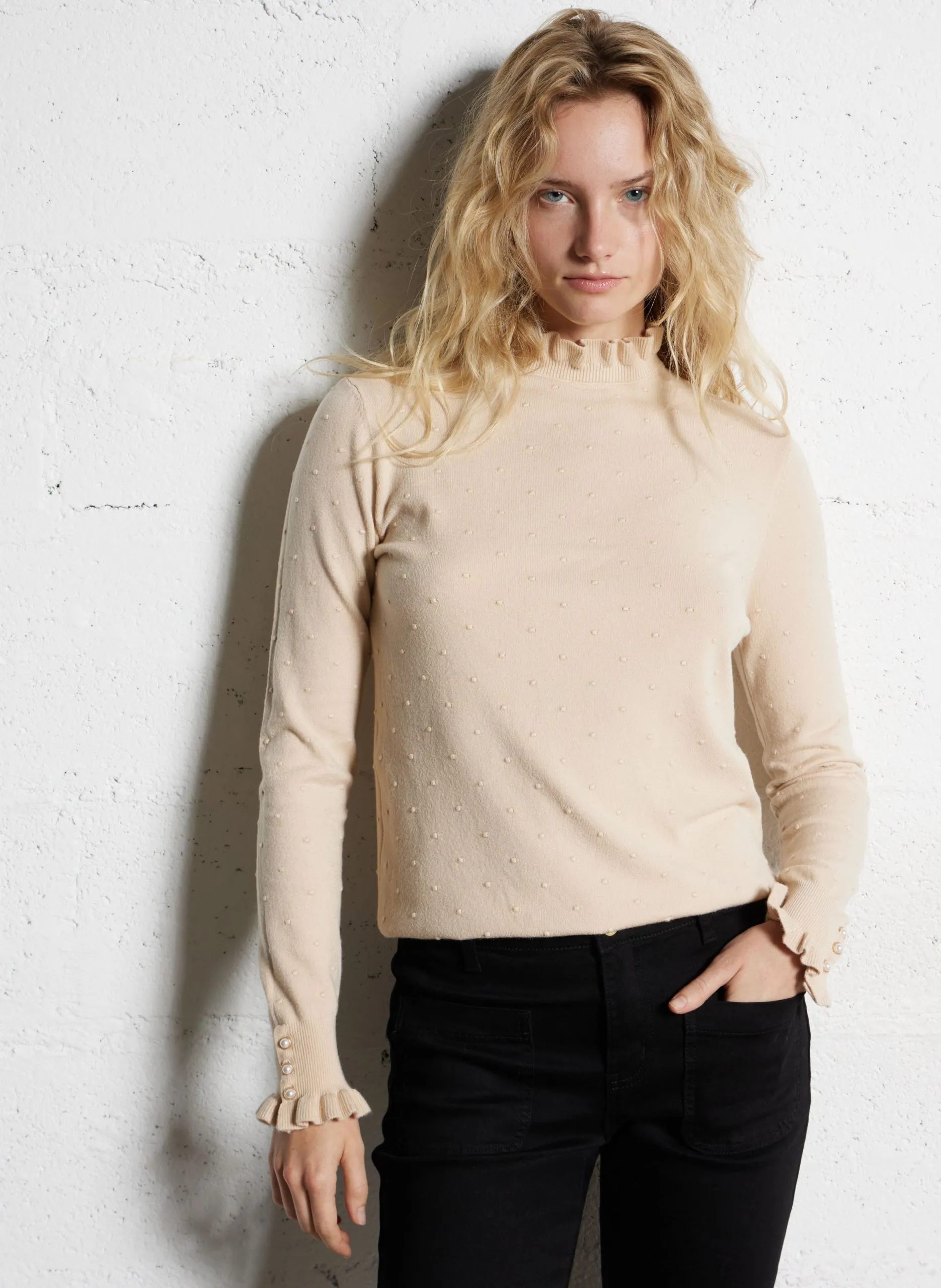 Jacquard-Rundhalspullover mit Rüschen Beige SOLFERINO