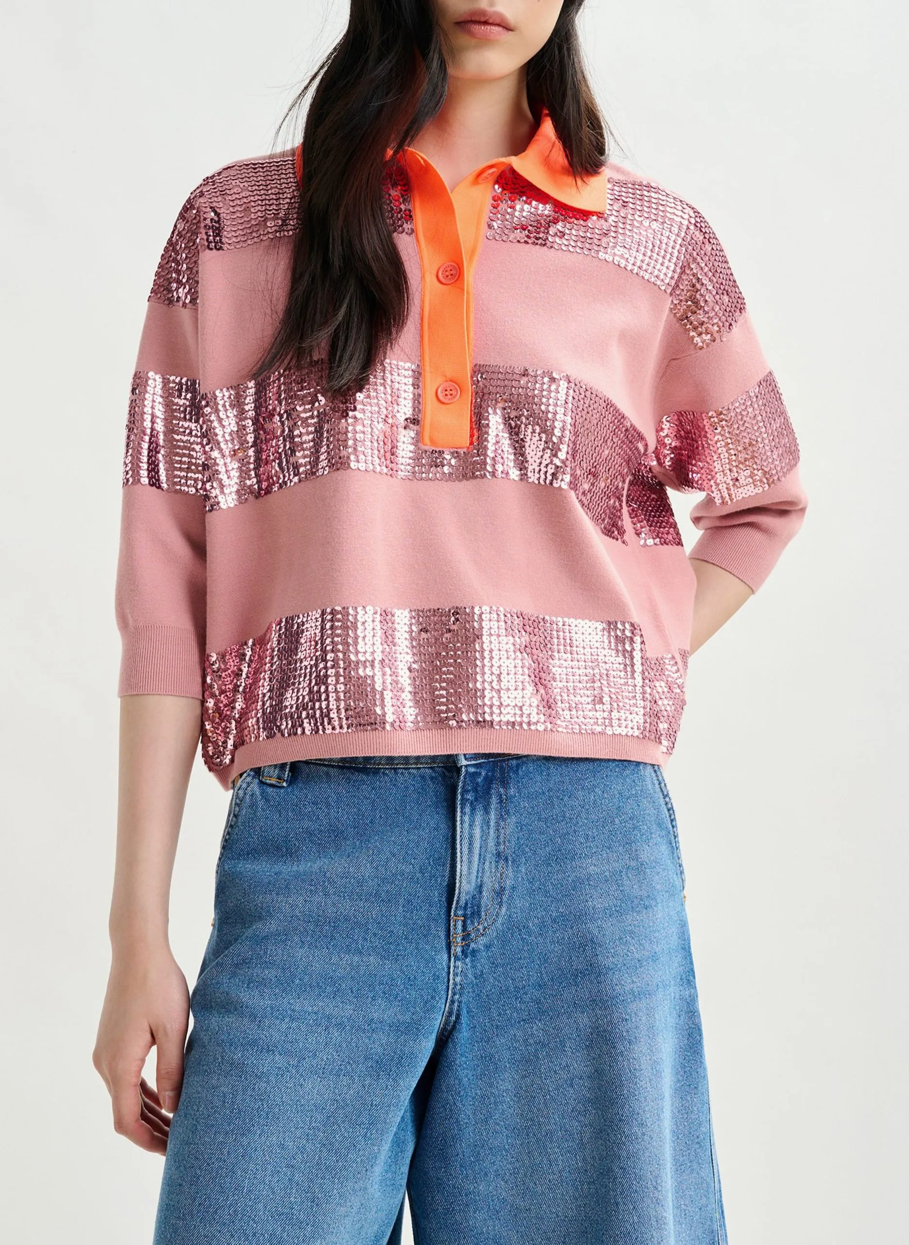 Weites Poloshirt mit Streifen und Pailletten Rosa ILLUMINATI