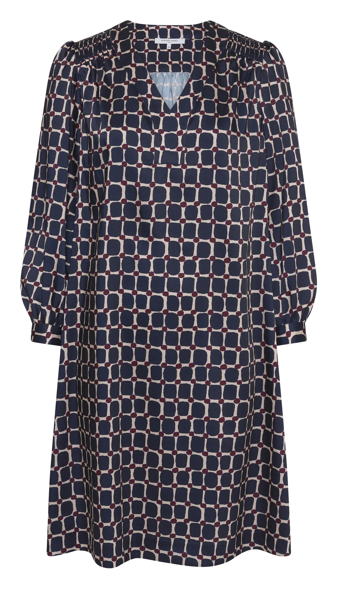 Kurzes fließendes Kleid mit V-Ausschnitt und Muster Blau LIZA