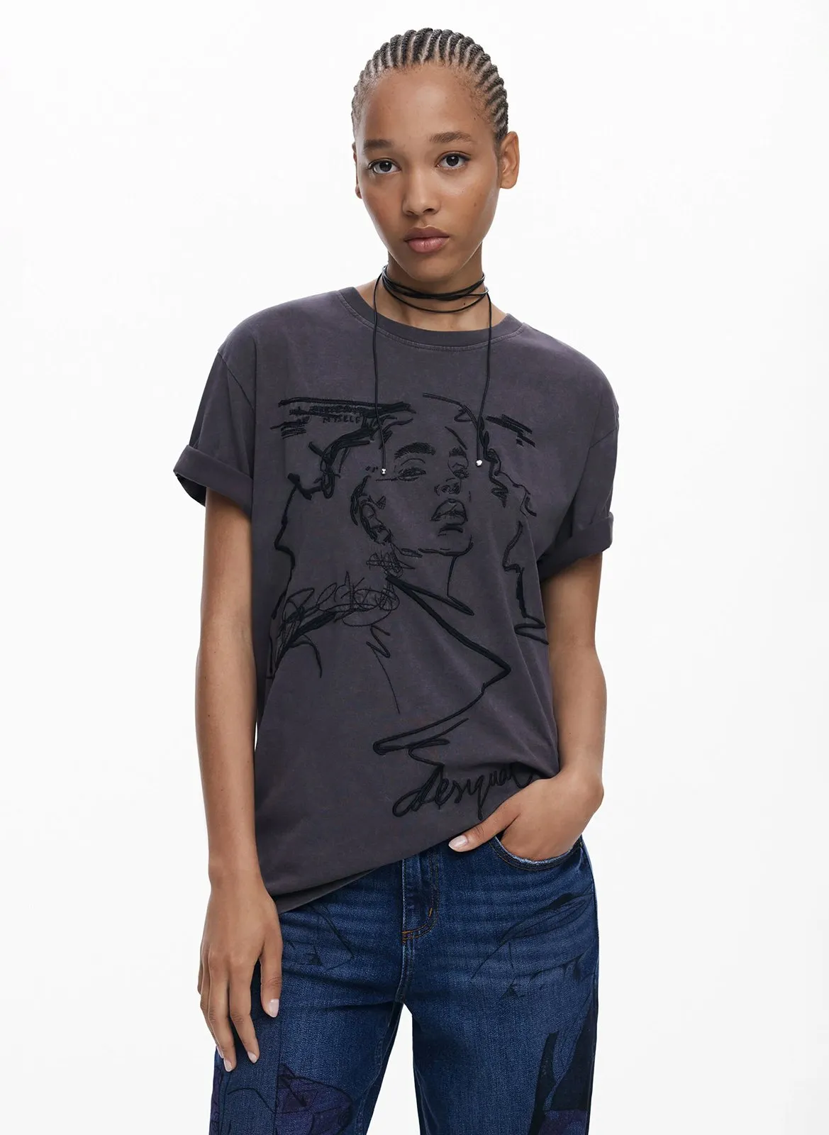 T-Shirt mit Rundhalsausschnitt und Aufdruck, Baumwolle Braun