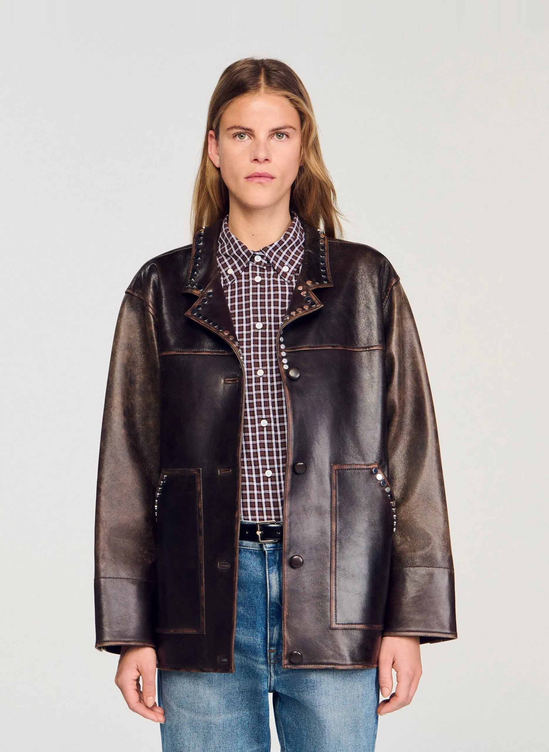 Oversize-Jacke mit Reverskragen aus Leder Braun