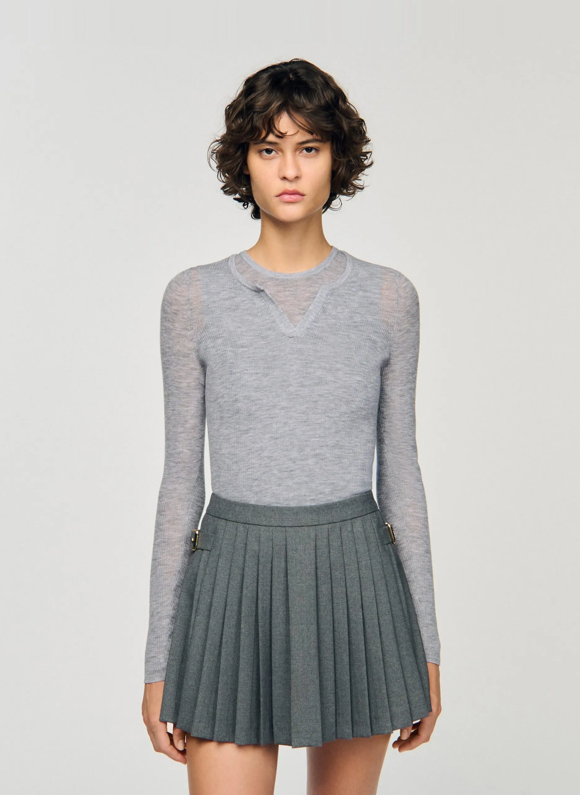 Rundhalsausschnitt-Pullover aus 2-in-1-Wolle Grau