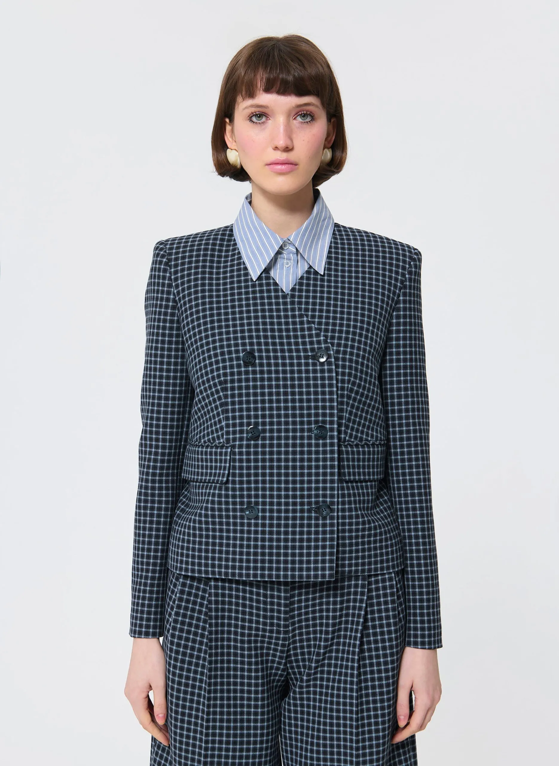 Kurze karierte V-Ausschnitt Jacke Blau VERMEIL