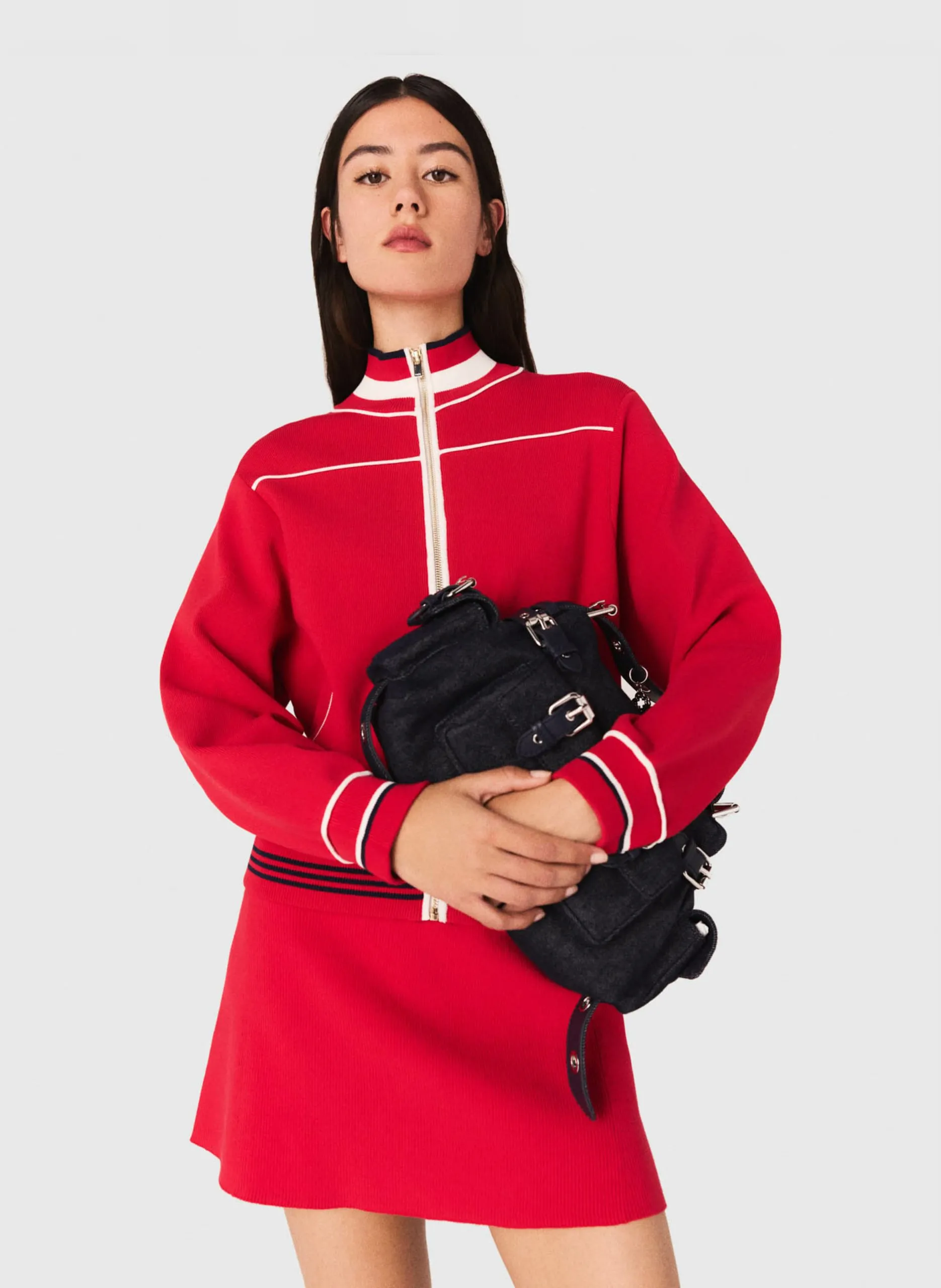 Einfarbige Jacke mit Reißverschluss und Streifen Rot