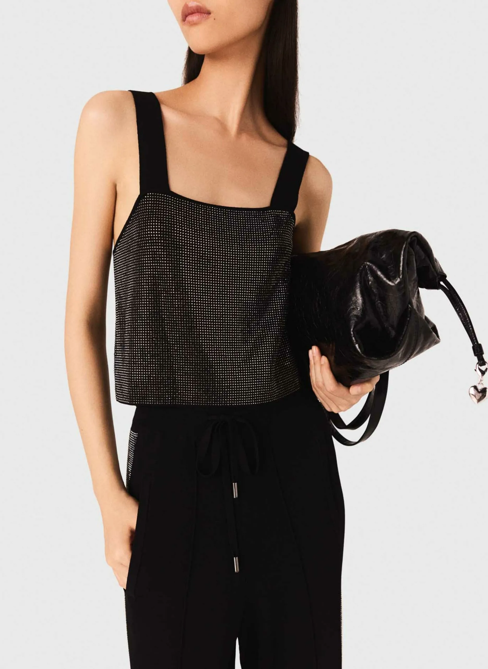 Top mit quadratischem Ausschnitt und Strasssteinen Schwarz