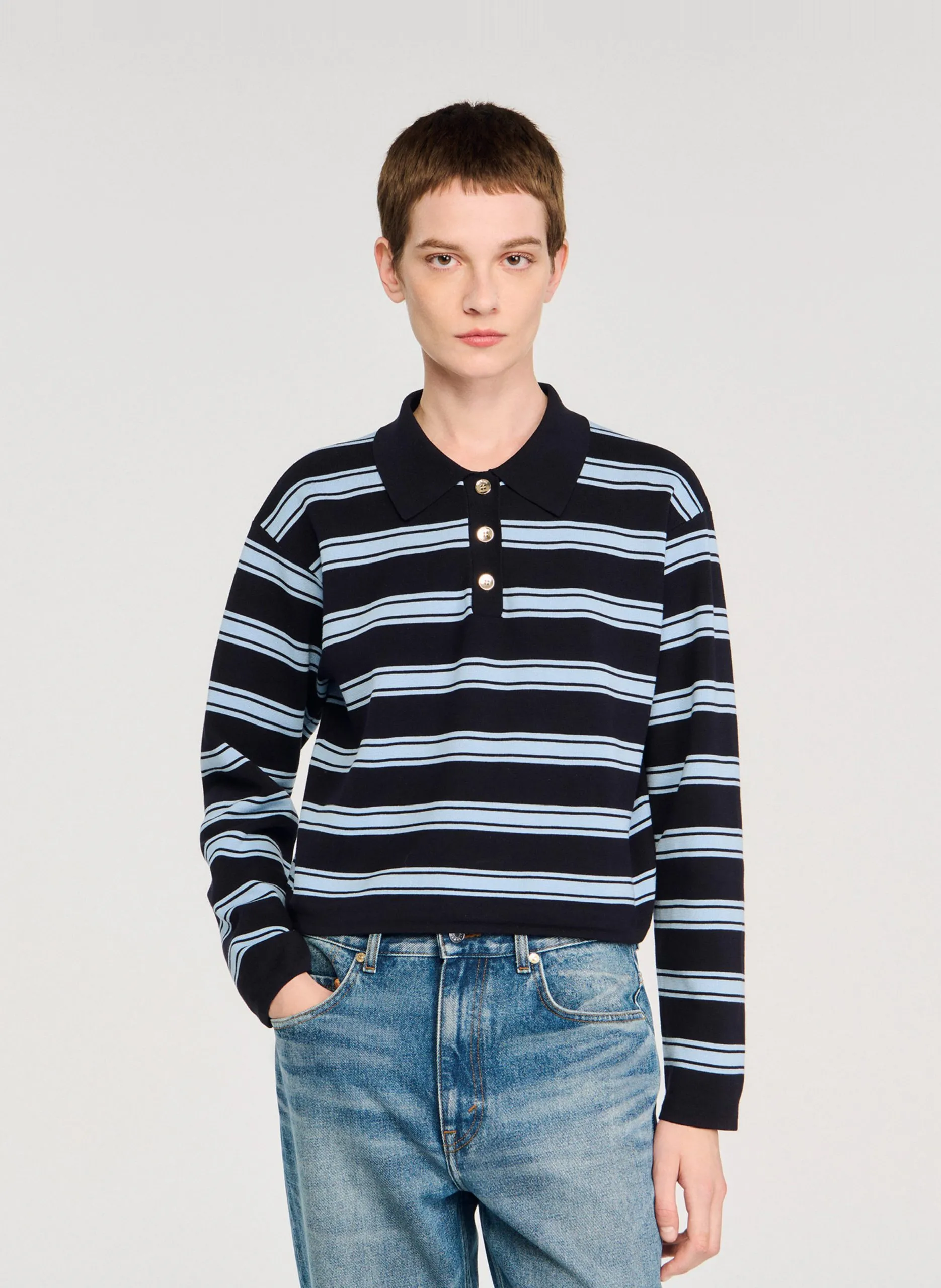 Gerader Polo aus Baumwolle, Seide und Leinen Blau