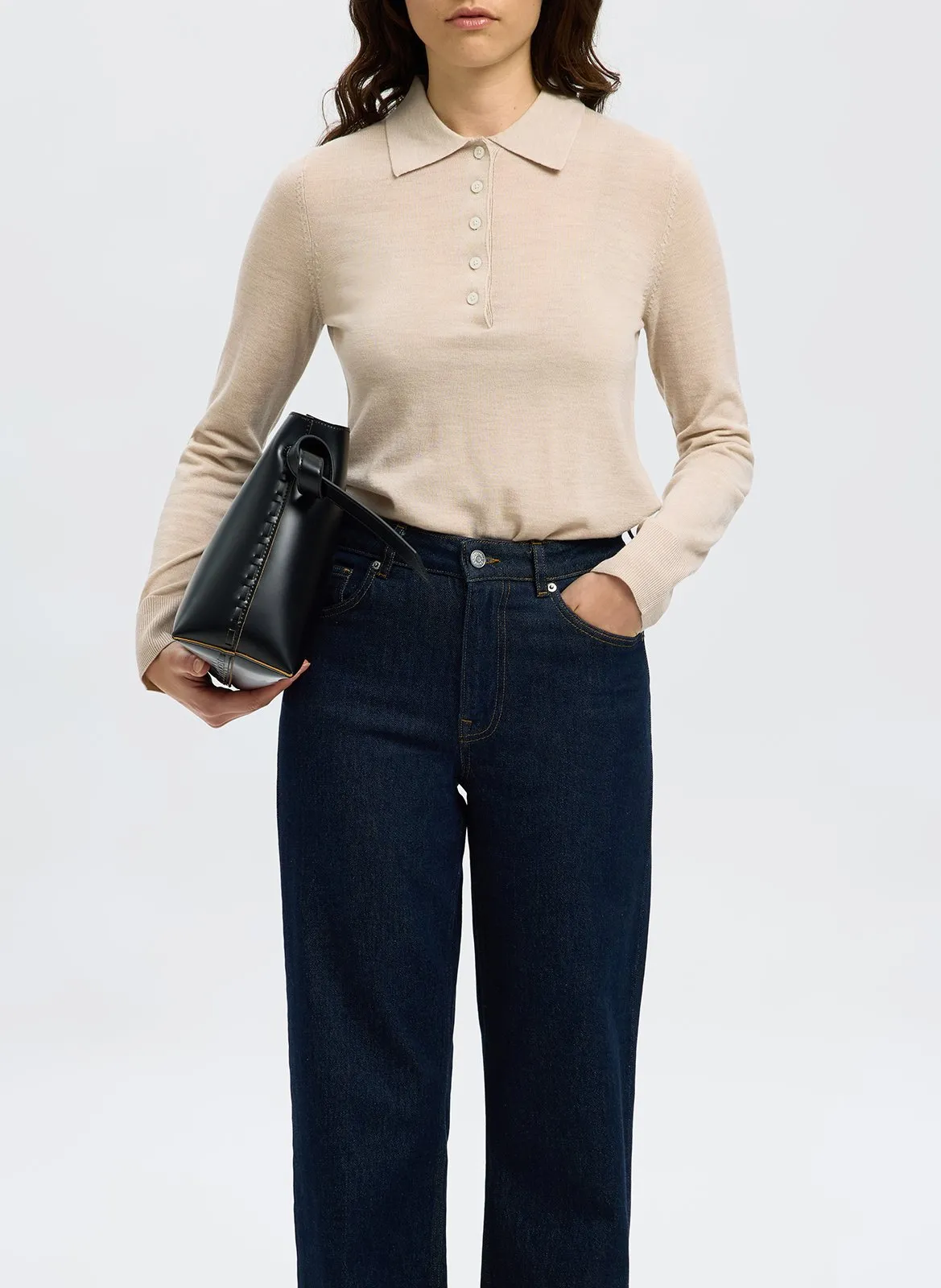 Langarm-Poloshirt aus melierter Wolle Beige THEA