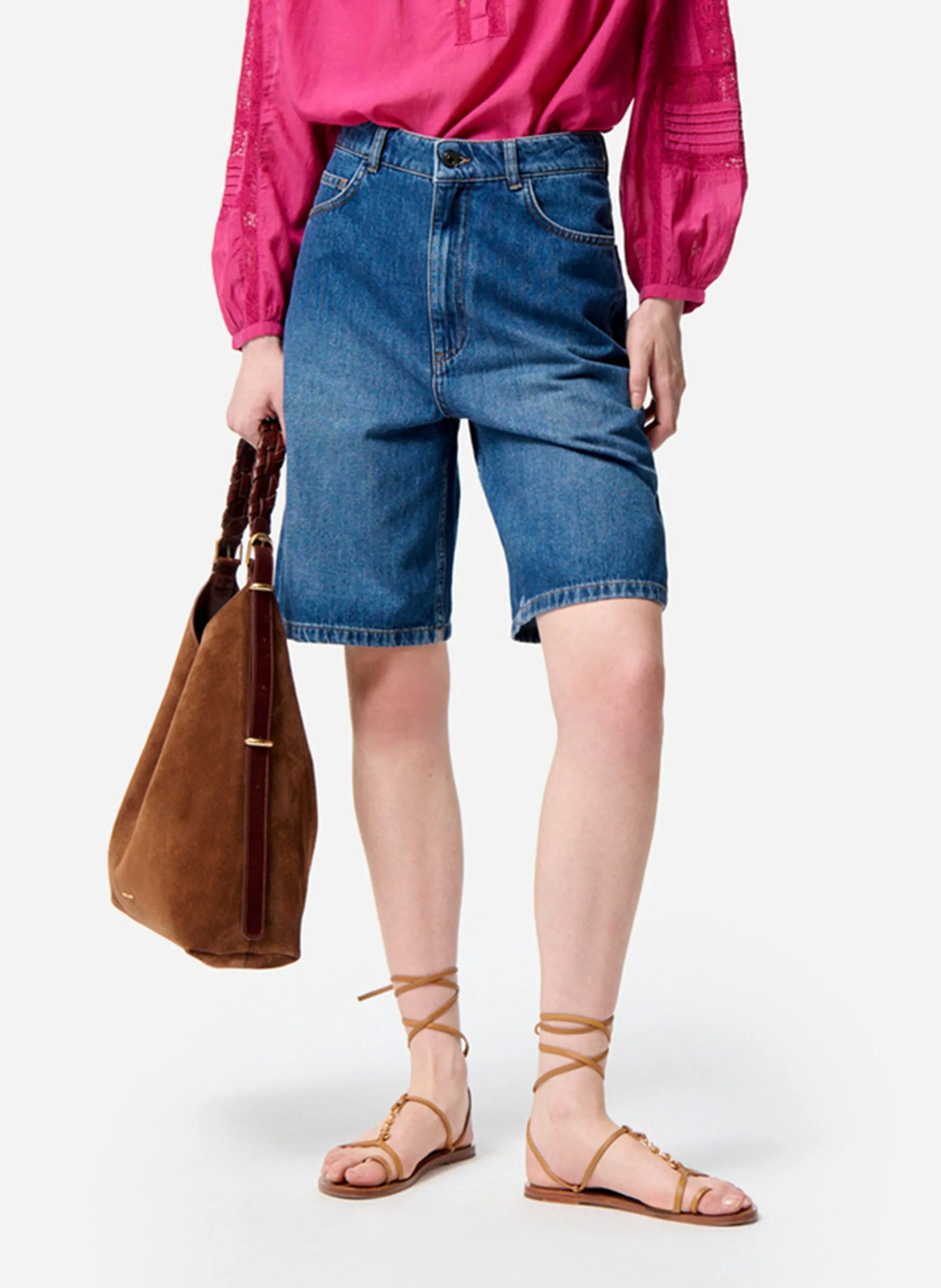 High-waisted straight denim shorts Blau ELOUAN