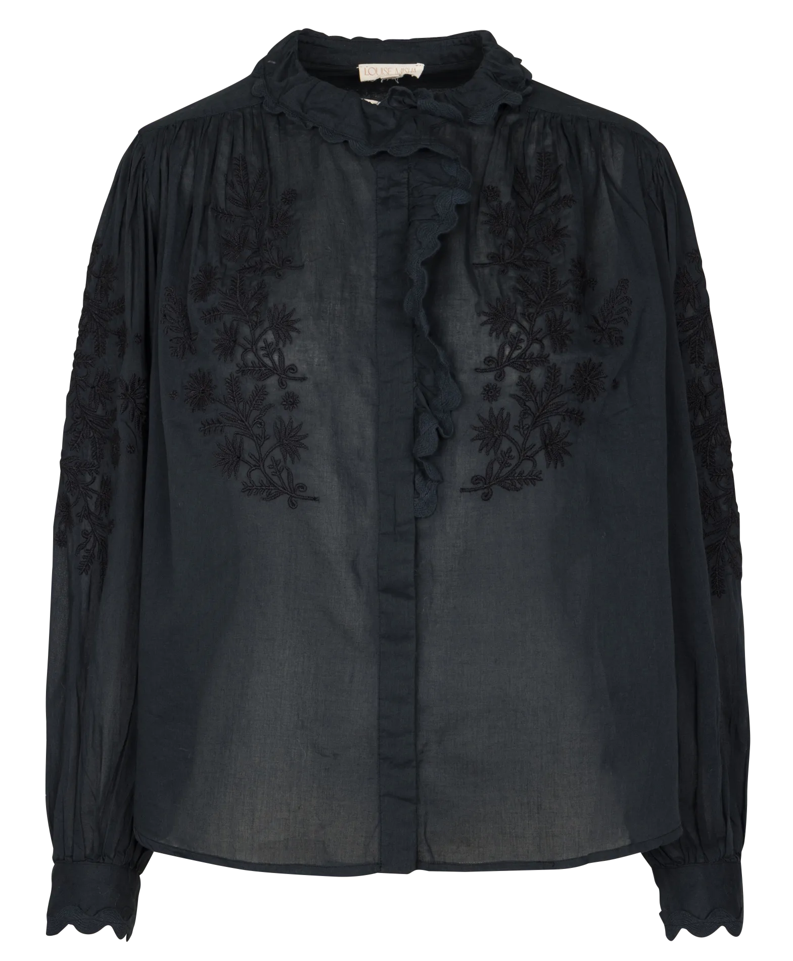 Rundhalsbluse mit Volants uni Schwarz CORA