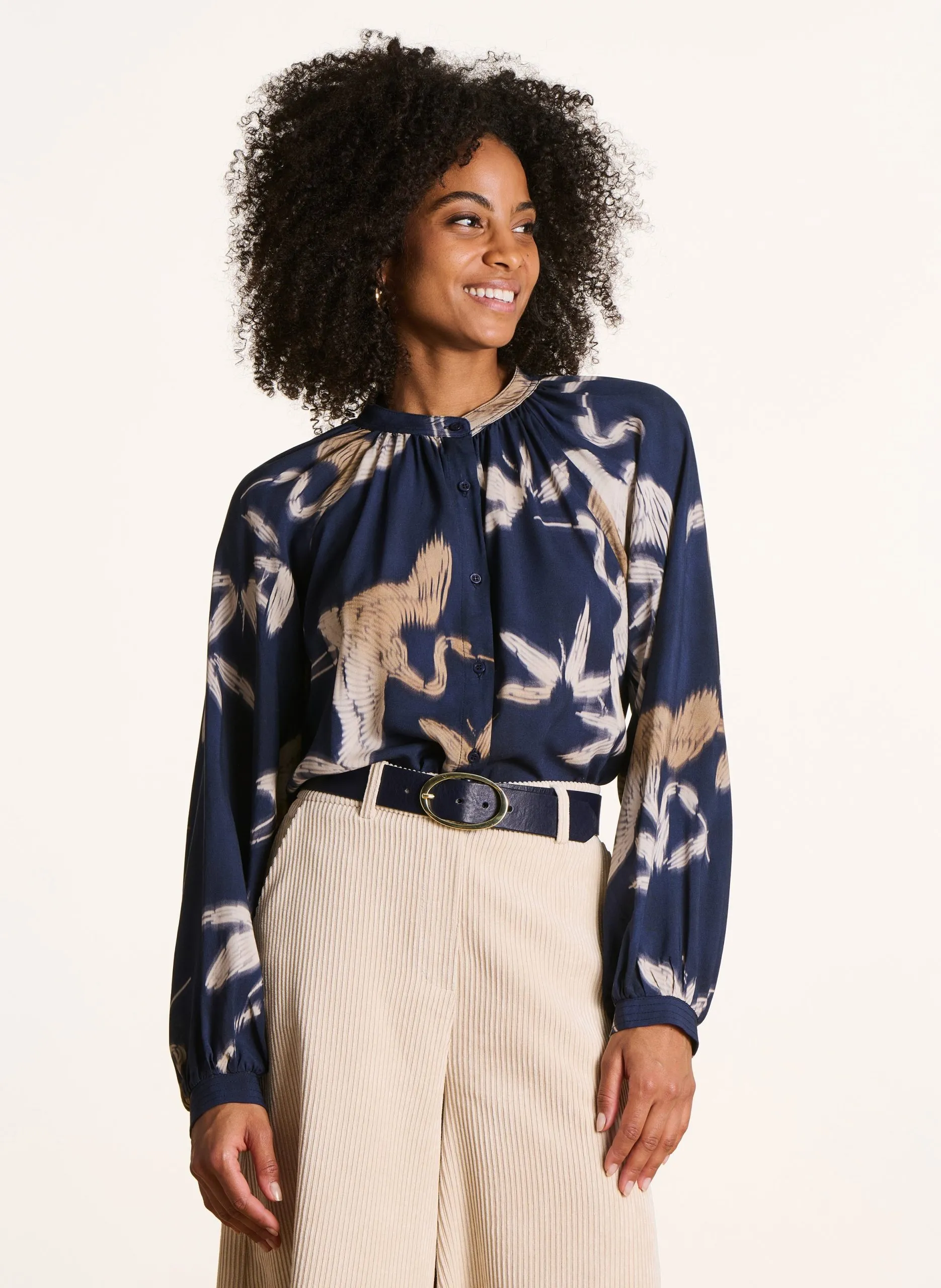 Weite, bedruckte Bluse mit Rundhalsausschnitt Blau