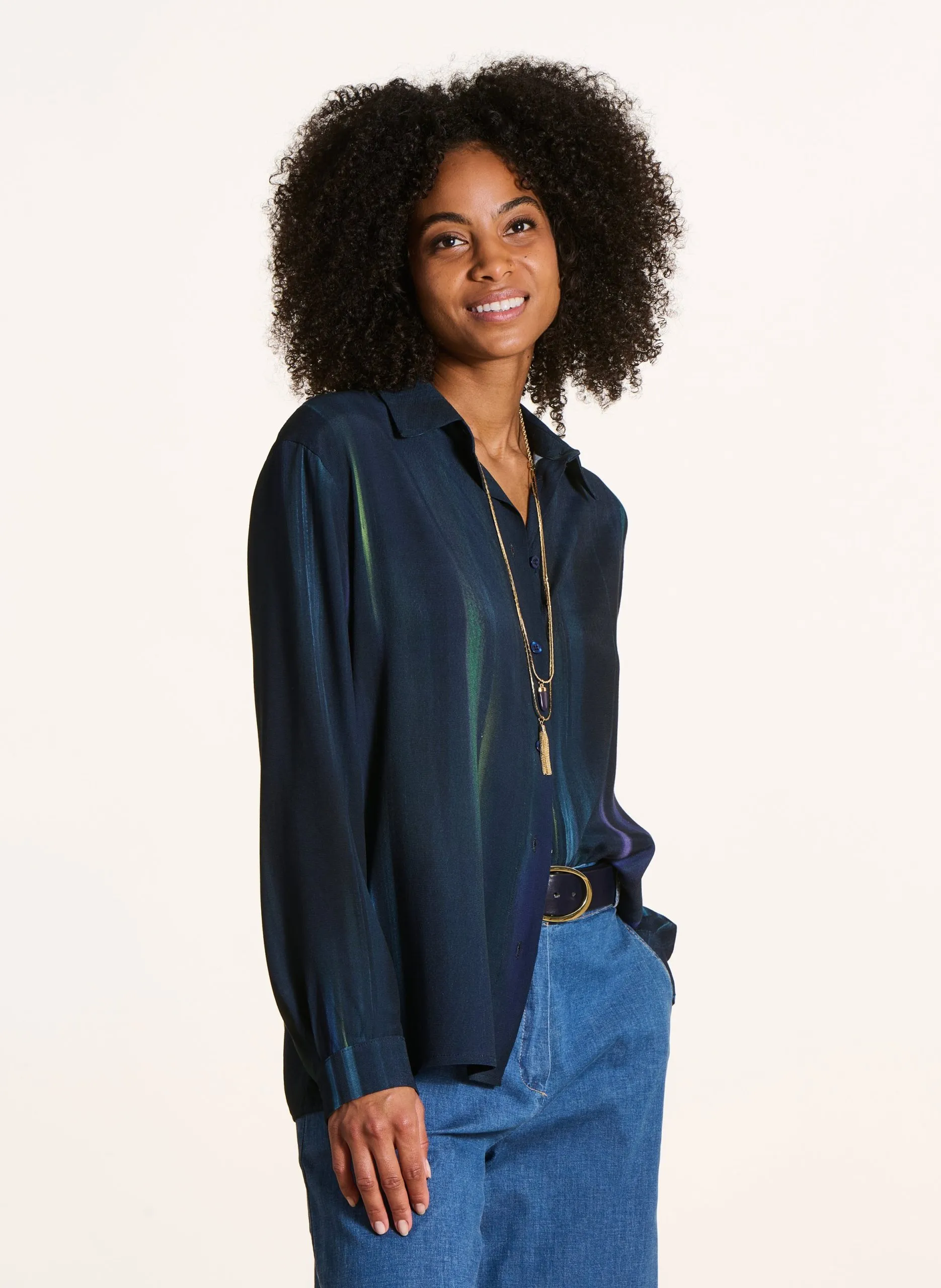 Bedruckte Oversize-Bluse mit 3/4-Ärmeln Blau