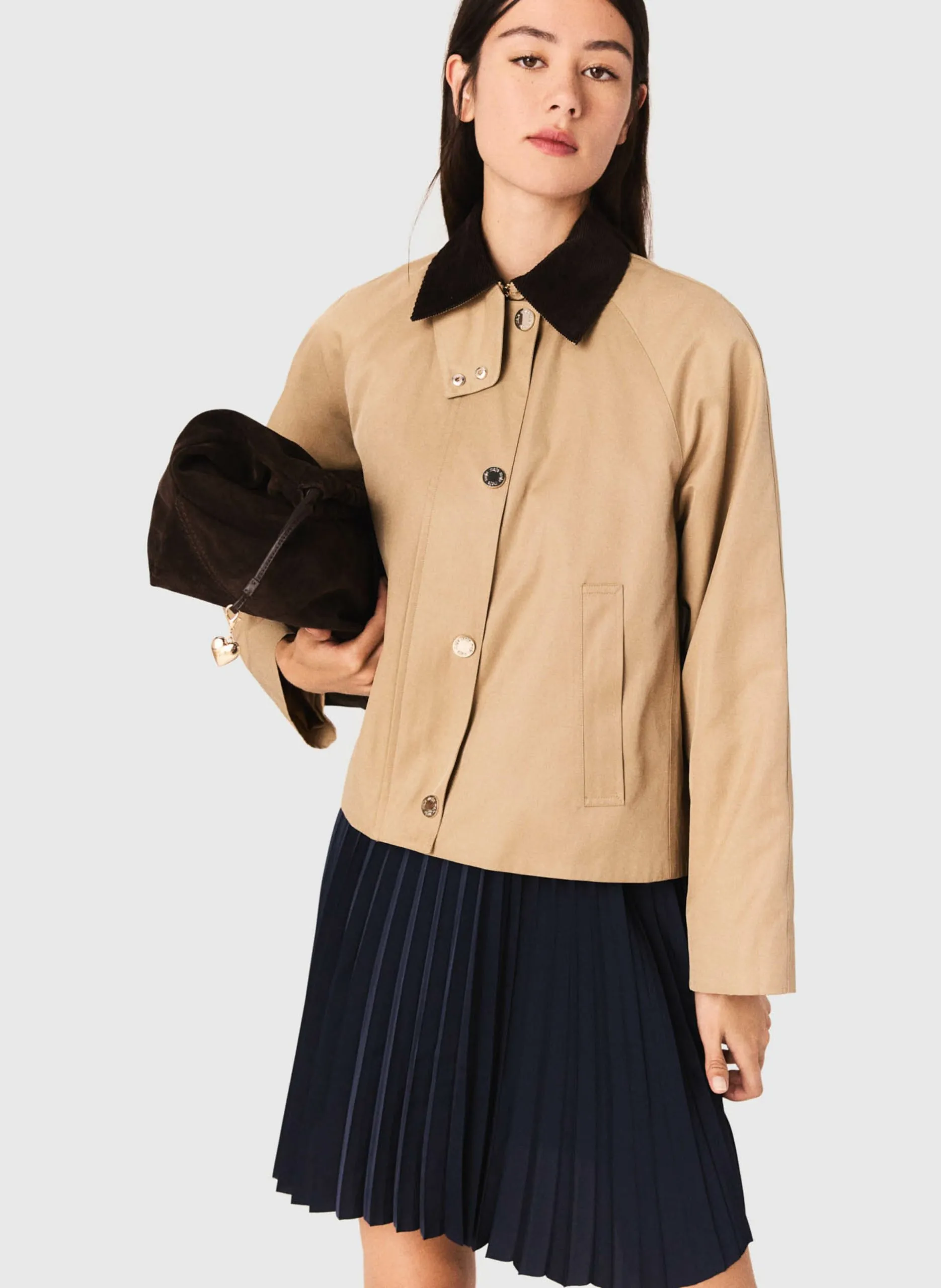 A-Linie Jacke in einfarbig mit Rippenvelourskragen Braun