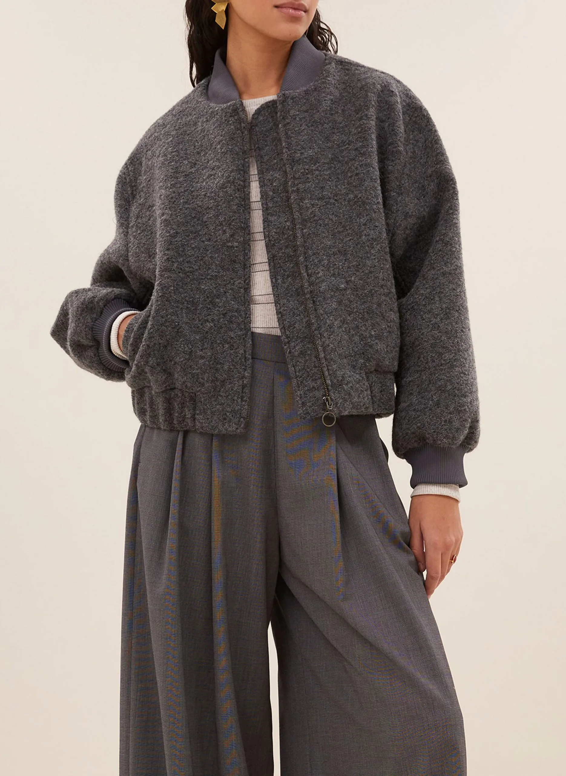 Einfarbige Wollmischungsjacke mit Reißverschluss Grau ALEKSI