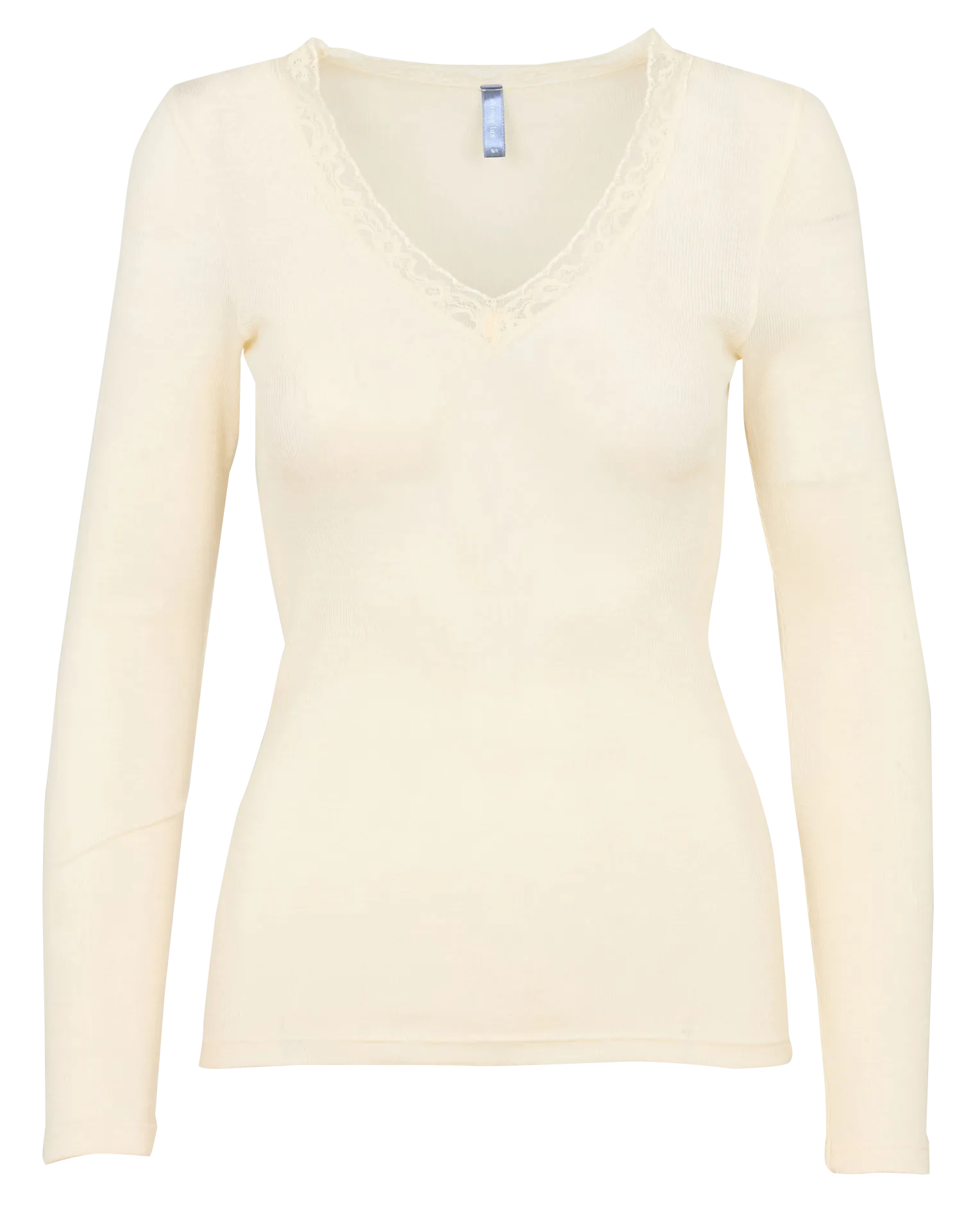 T-Shirt mit V-Ausschnitt und einfarbiger Spitze Beige